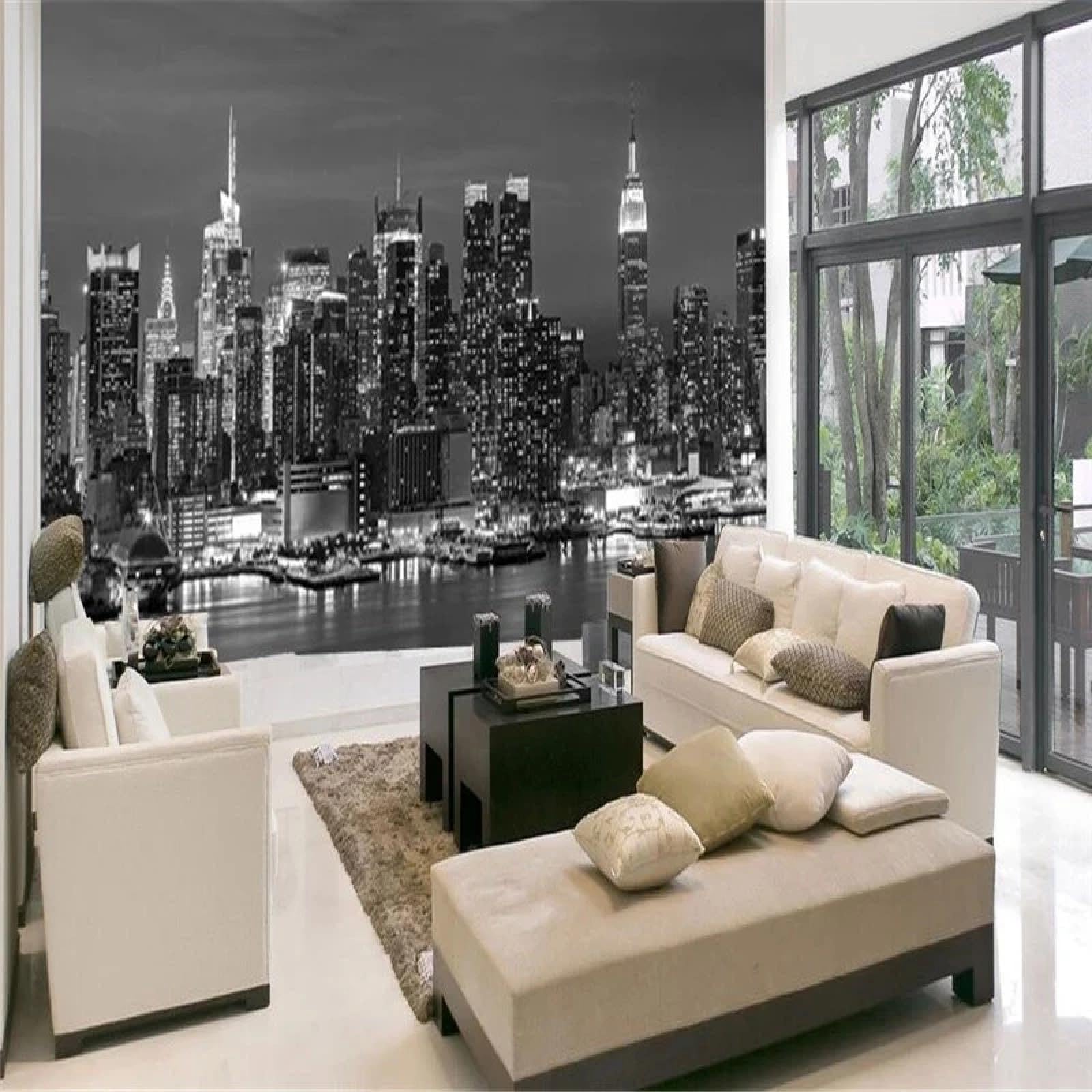 Papel pintado Paisaje de Nueva York, mural fotográfico en blanca y negro, sala de estar grande, dormitorio, papel tapiz de fondo, póster de decoración de arte de pared moderno (pelar y pegar)
