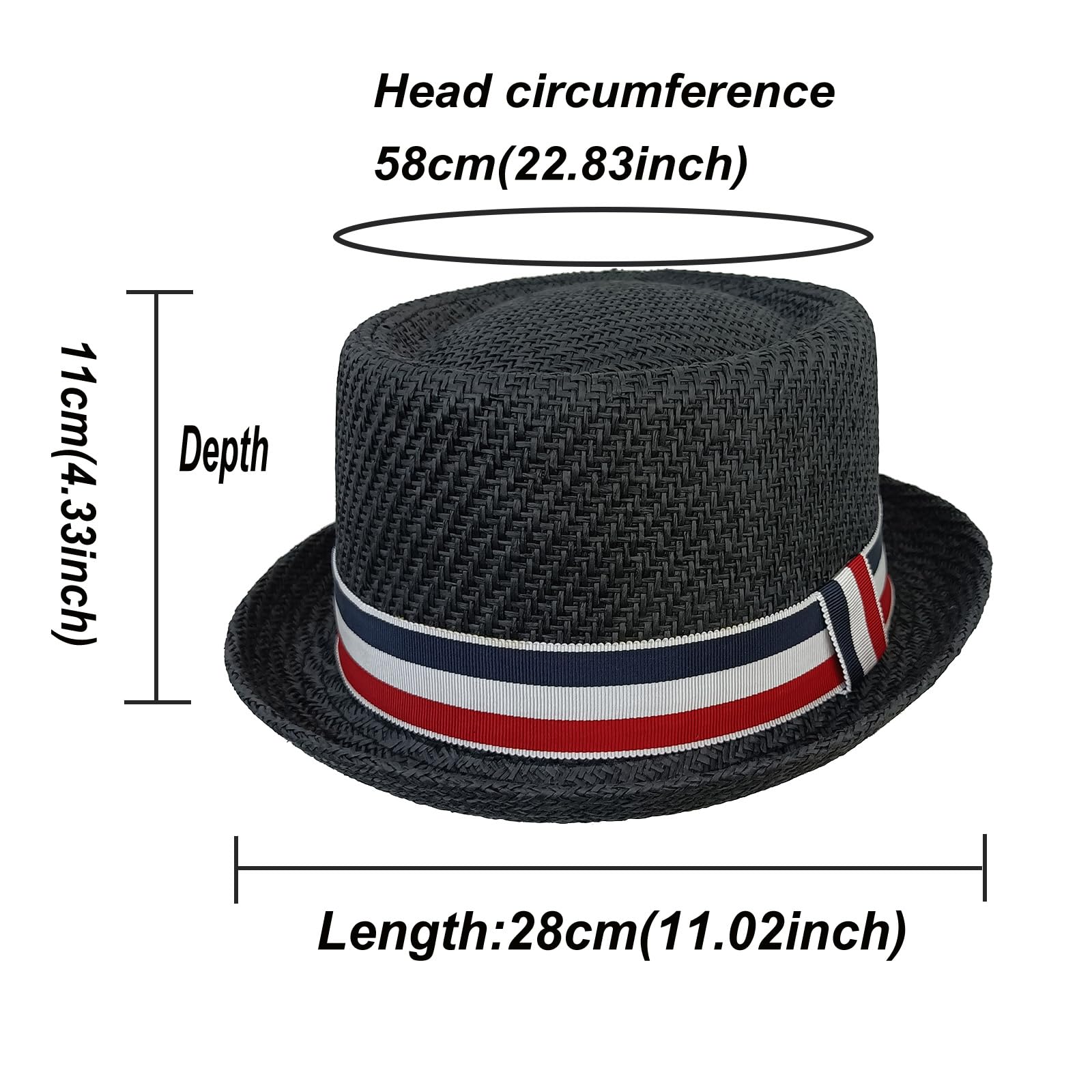 HEYANN Pork Pie, cappello di paglia da uomo Pork Pie Fedora, 58 cm, cappello estivo per uomini e donne, Bowler Flat Top parasole classico