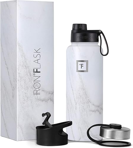 IRON FLASK - Botella deportiva de 14, 18, 22, 32, 40, 64 o 128 onzas, 3 tapas (boquilla), acero inoxidable aislado al vacío, doble pared moderna,