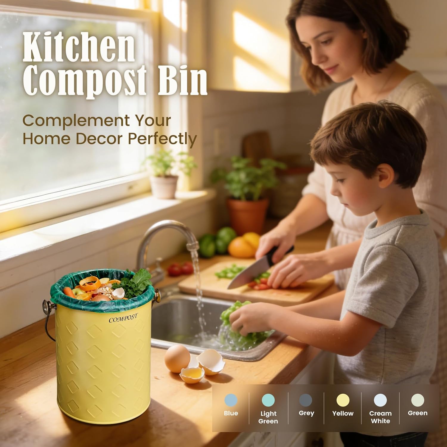 AOSION Countertop Compost Bin Kitchen,Odorless Indoor Compost Bin with Lid,Farmhouse Composter Container for Food Waste,Includes 2 Carbon Filters, Small Compost Bucket,Trash Bags (Modern, Yellow)