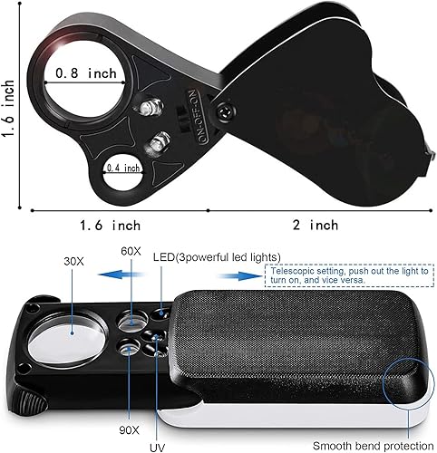 Miniatura 2 de Lupa Jewelers, paquete de 2 lupas con luz, 30 x 60 x 90 x 20 aumentos de bucle con 20 baterías de respaldo para monedas, diamantes, gemas, joyas,