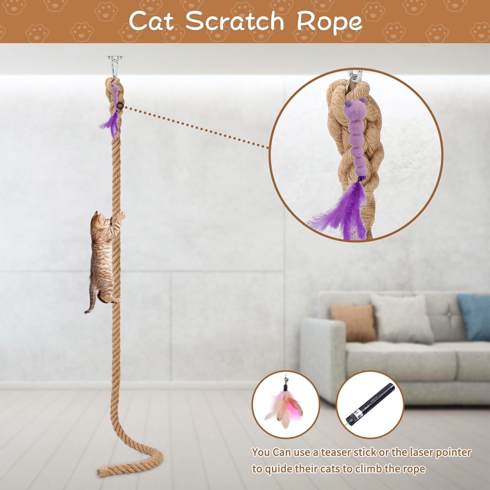 Cuerda de escalada para gatos de 2 pulgadas x 9.84 pies con gancho, cuerda de yute natural para montar en techo y pared, cuerdas de sisal duraderas para gatos en interiores y exteriores que juegan