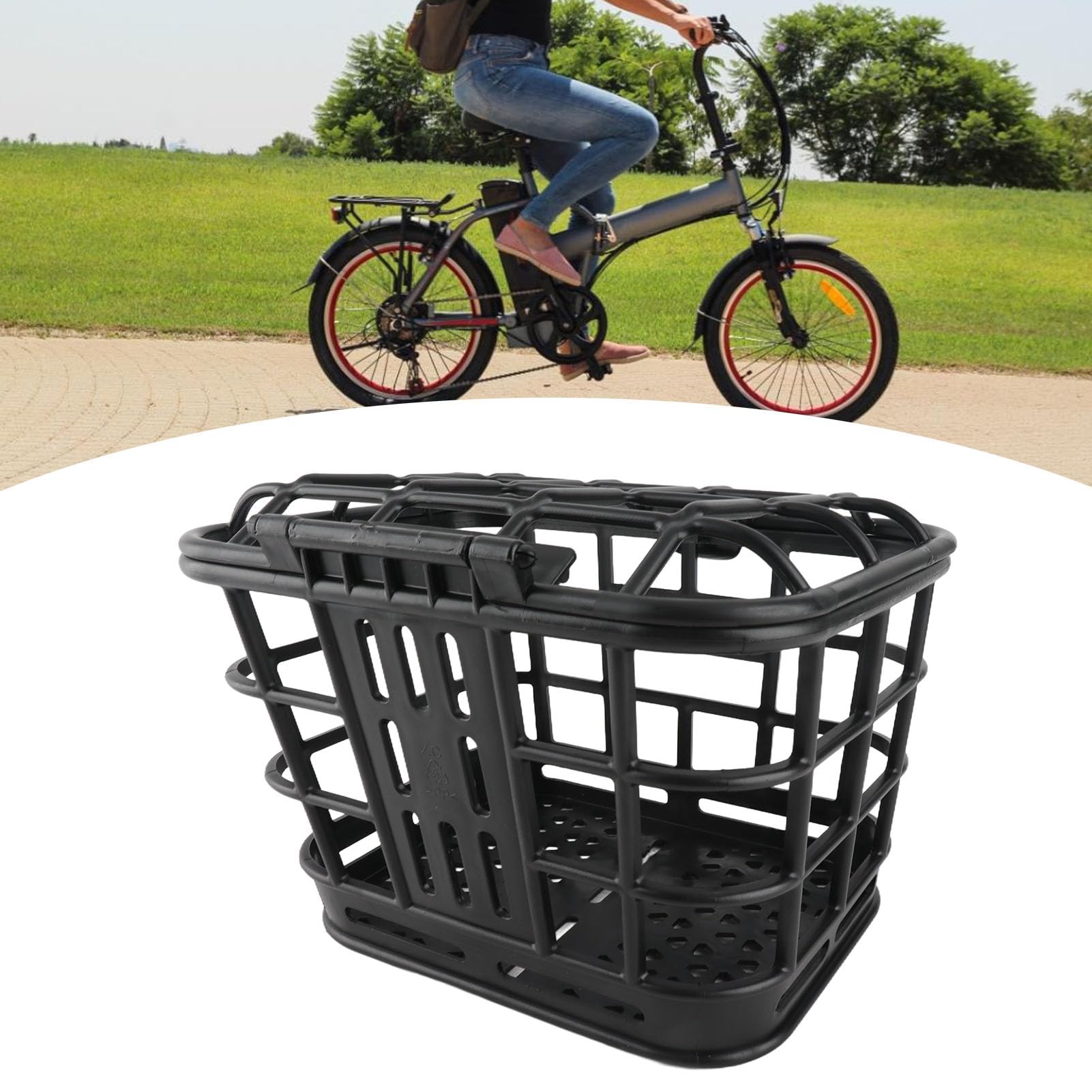 Keenso Cestino Anteriore per Bici, Cestino in Plastica Rimovibile per PC con Coperchio, Grande Capacità 28 X 22 X 23 Cm, Portaoggetti Frontale di Facile Installazione per Pendolari di Bici