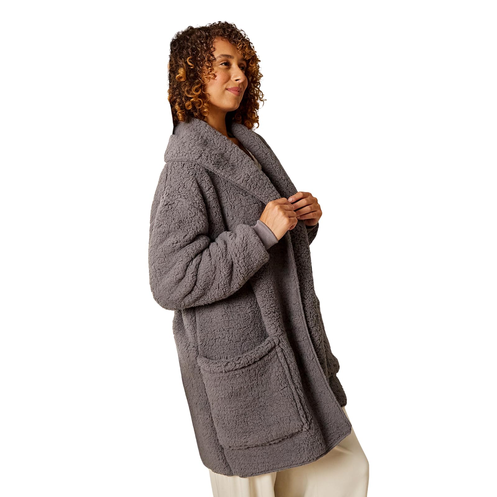 Ohs Unisex Charcoal Grey Waterfall Teddy Fleece Cardigan Long Sleeve Open Front Wrap Style Cardigan Sweater With Pockets Lightweight Ultra Soft Warm Cardigans Casual Wear & Lounging, -L/Xl