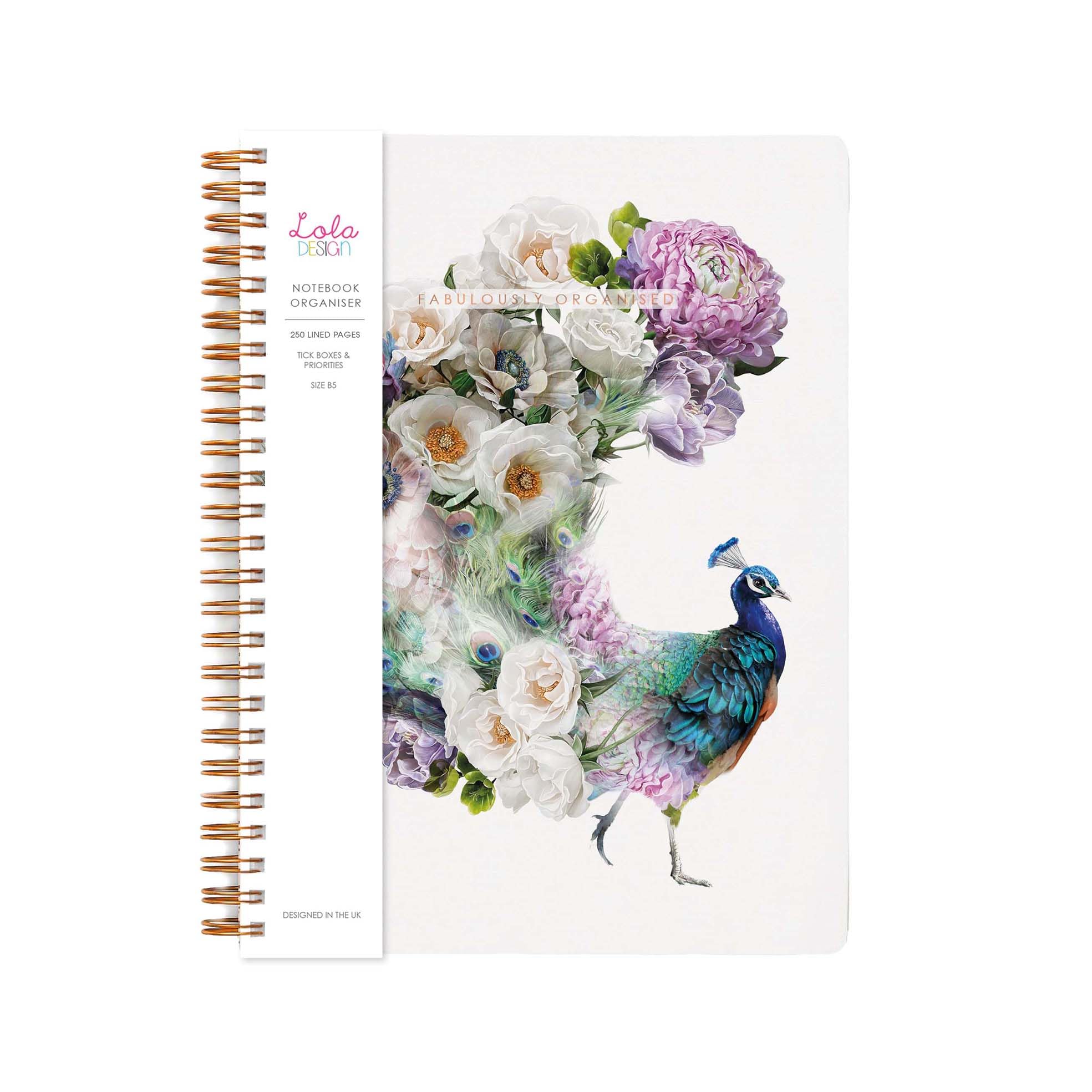 Lola Design, Large Spiral Notebook Organiser, Floral Peacock Design, Planners & Journals