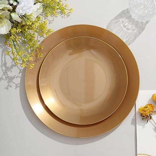 Miniatura 114 de Efavormart - Paquete de 10 platos redondos de plástico martillado transparente de 9 pulgadas para aperitivos de postres con borde dorado, plato