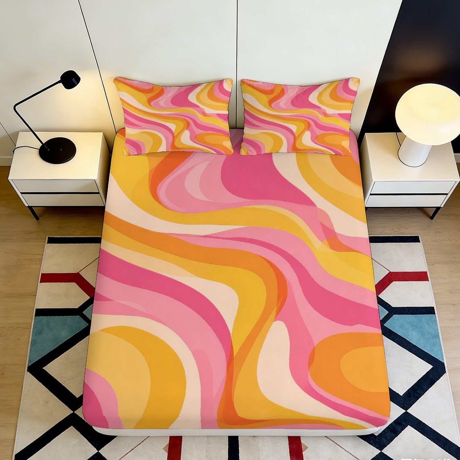 Jqzkxnhpbr Style-2 3D Printed Retro Swirl Fitted Sheet Microfiber Soft Pink Orange Abstract Mattress Cover For Bedroom Dorm Decor 90X200x25cm
