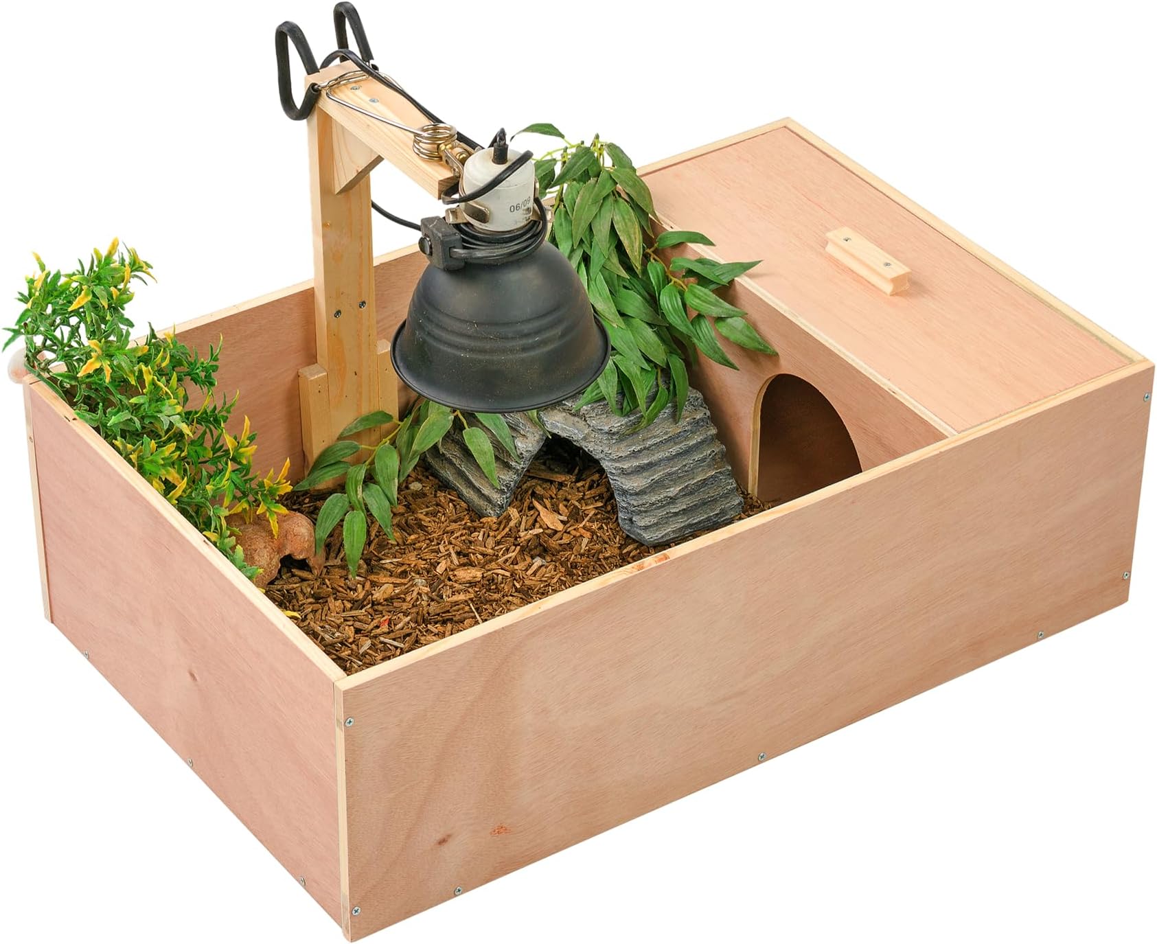Small Wooden Tortoise Table Reptile Vivarium Cage Hide with Open Run and Lamp Arm
