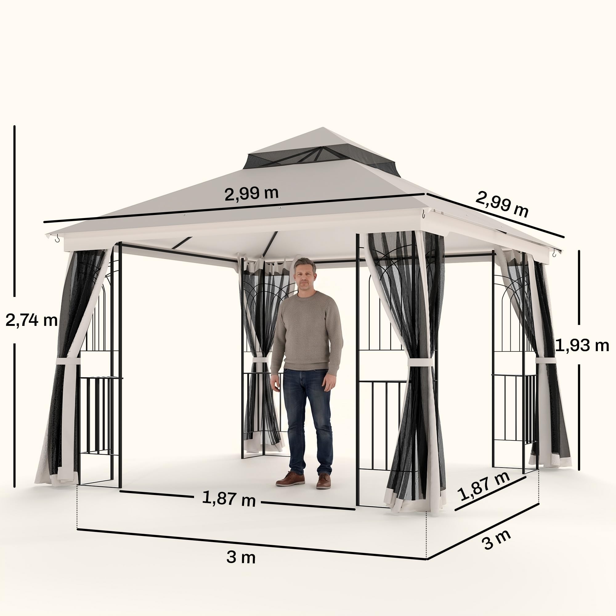 Outsunny Gartenpavillon mit Doppeldach Pavillon Gartenzelt Festzelt Partyzelt mit 4 x Seitenwand Metall+Polyester Beige 2,99 x 2,99 x 2,74 m