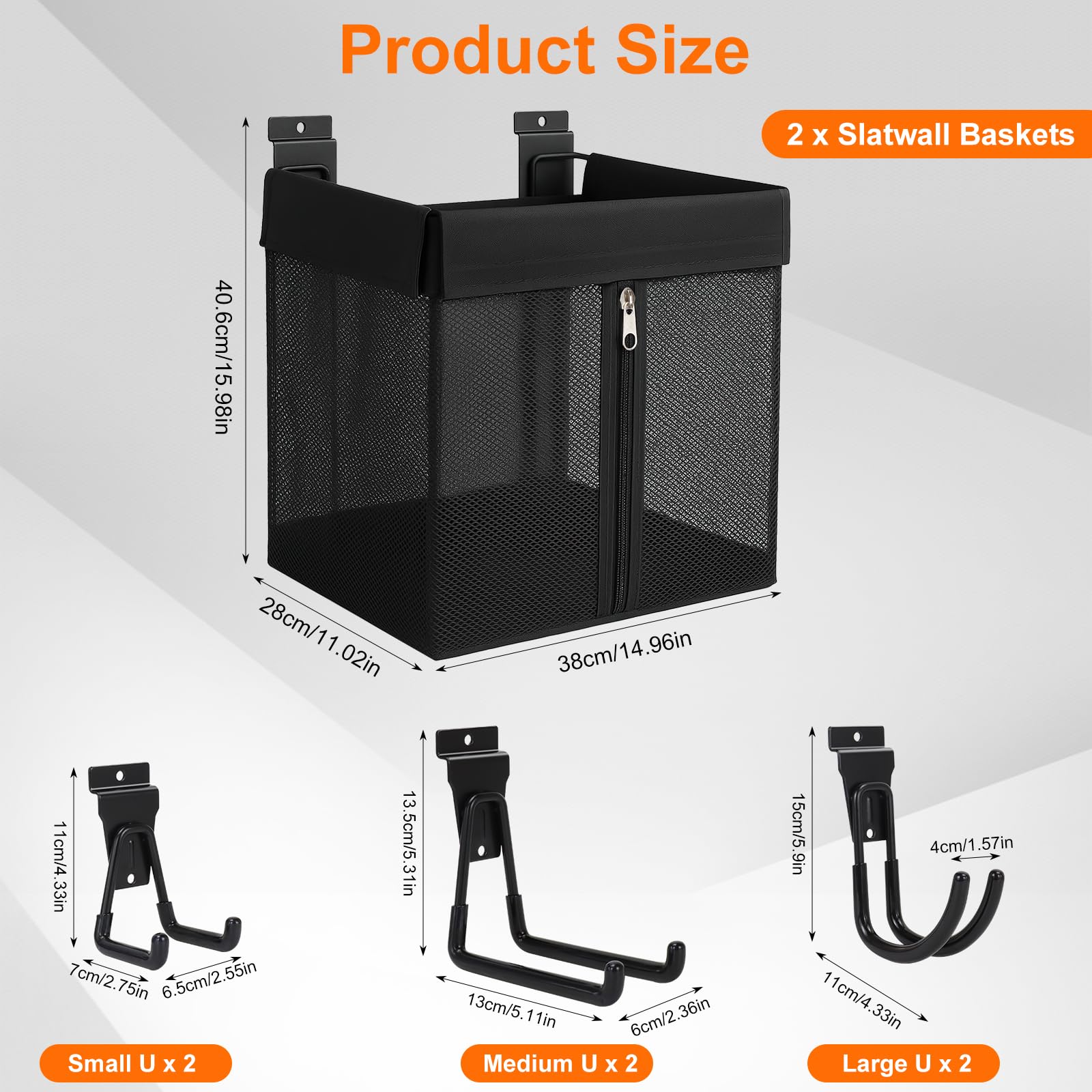 2Pcs Slatwall Basket with Zipper 41x38 x28 cm, 6Pcs Heavy Duty Slat Wall Hooks, Slatwall Accessories Set - Image 2