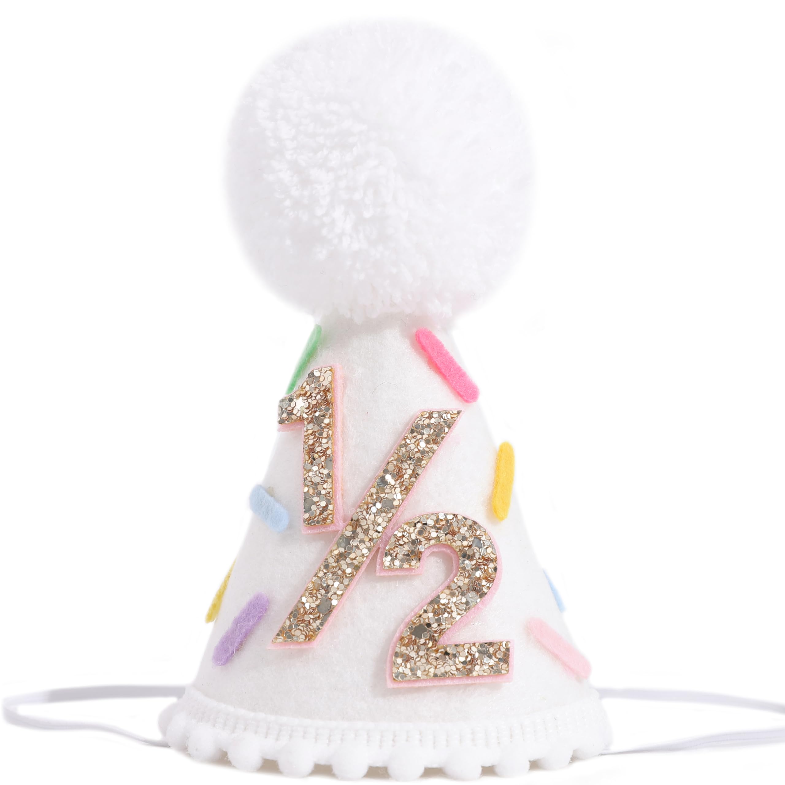 LINGANA Donut 1/2 Birthday Hat - Sweet 6 Months Birthday Party Decorations,Colorful Donut White Cone Hat,Half Way To One Cake Smash Photo Props,Gold Glitter Number 1/2 Party Crown
