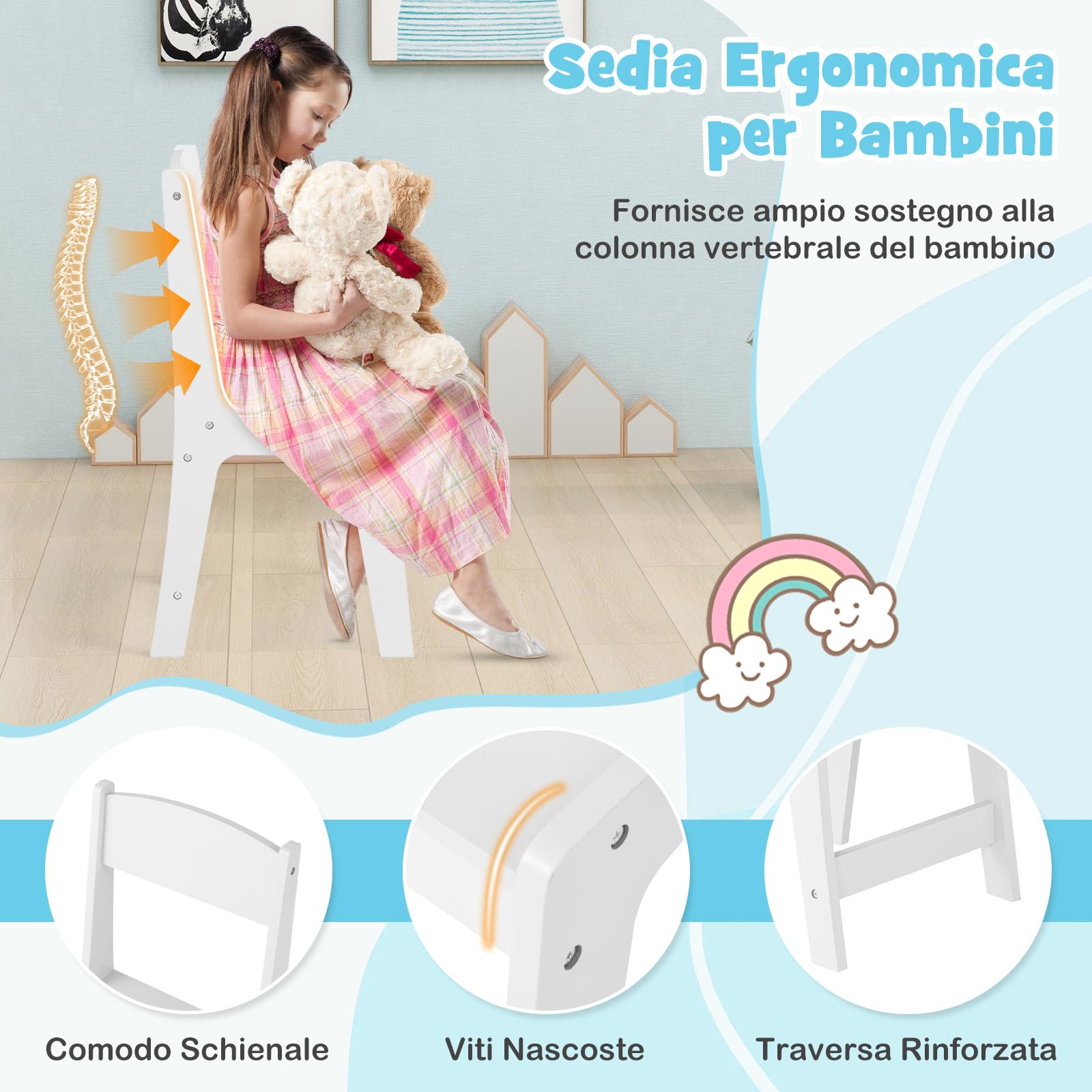 COSTWAY Toeletta Trucco 2 in 1 per Bambina, Specchiera Staccabile per Ragazza in Legno Robusto con 4 Cassetti in Tessuto, Sgabello e Specchio, Postazione Trucco per 3 Anni, 104 x 40 x 117 cm (Bianco)