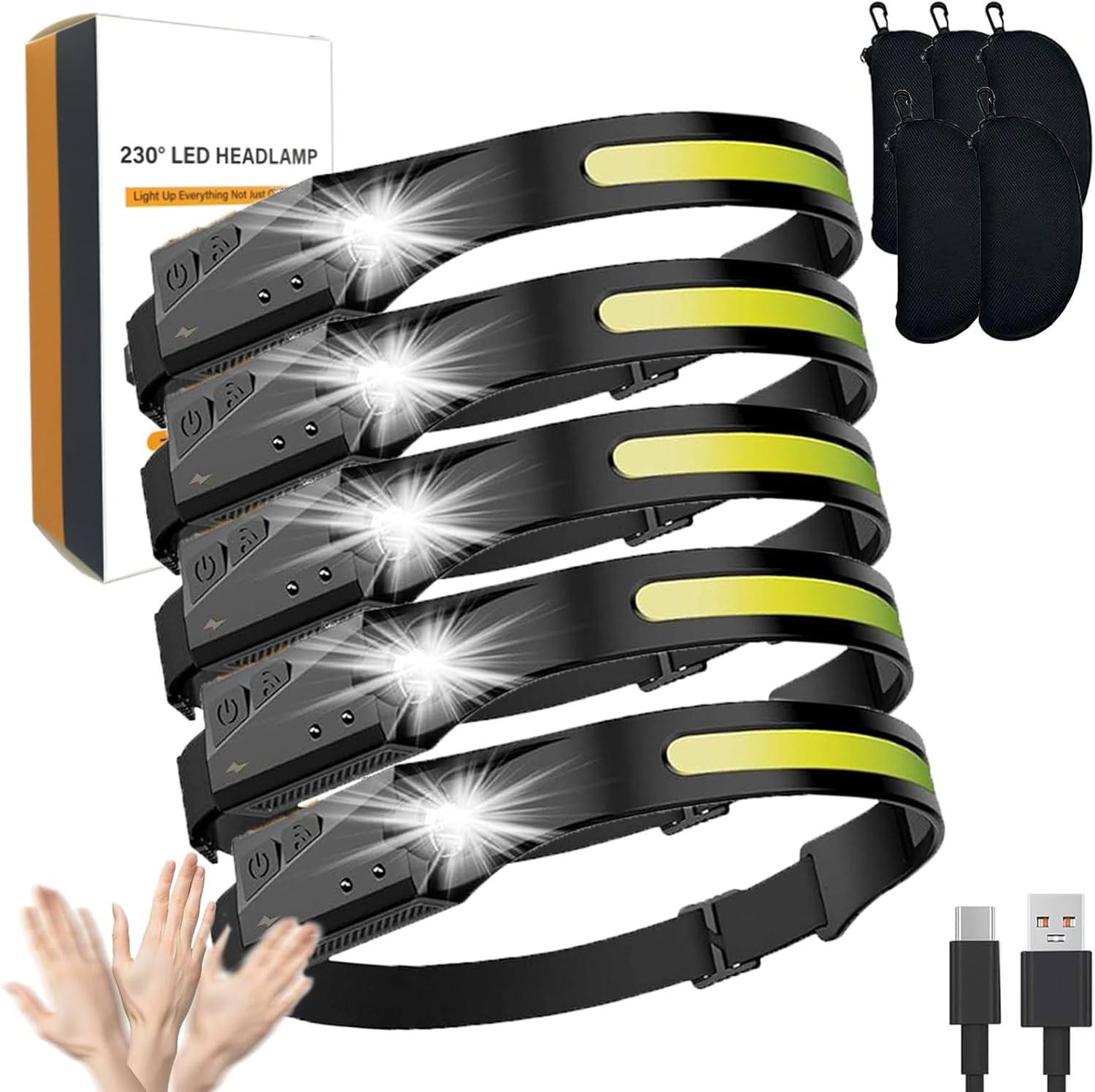 Led Rechargeable Headlamp, 2026 Upgrade 230° Wide Beam Head Lamp with Motion Sensor for Adults, 5 Mode Waterproof Head Light for Hiking, Repairing, Fishing, Cycling (5Pcs)