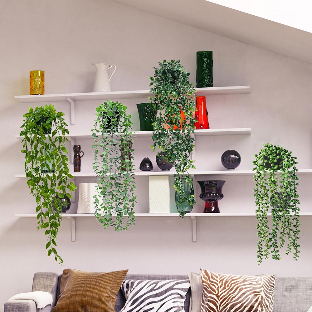 Lighterday Set of 4 Artificial Hanging Plants Fake Plants with Pots Artificial Vines Plants Indoor Outdoor for Wall Home Kitchen Garden Office Decoration (4 HANGING PLANT) - Image 3