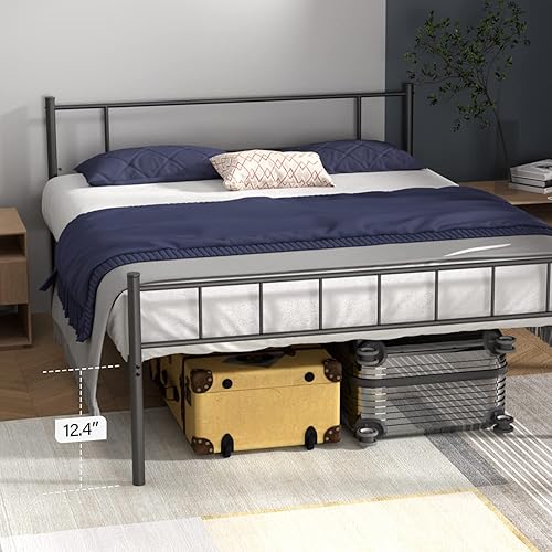 Miniatura 3 de Base de cama tamaño Queen, plataforma de metal con soporte de listones de acero con tamaño de almacenamiento, cabecera y tabla de pie, cama de