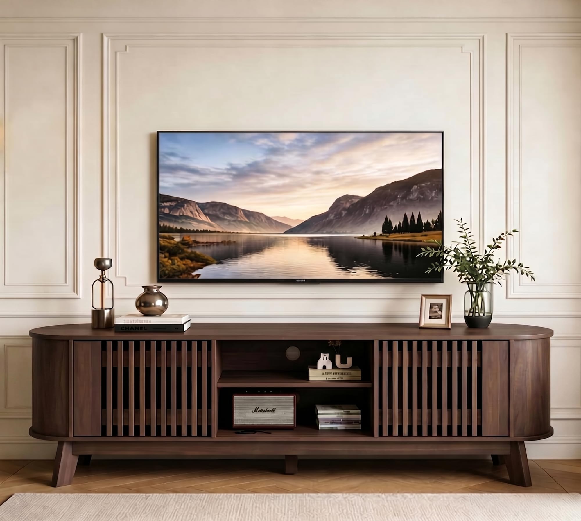 mid century modern tv stand, entertainment center walnut | tv console with storage cabinets and open shelves, farmhouse media console with heavy duty leg for living room, bedroom