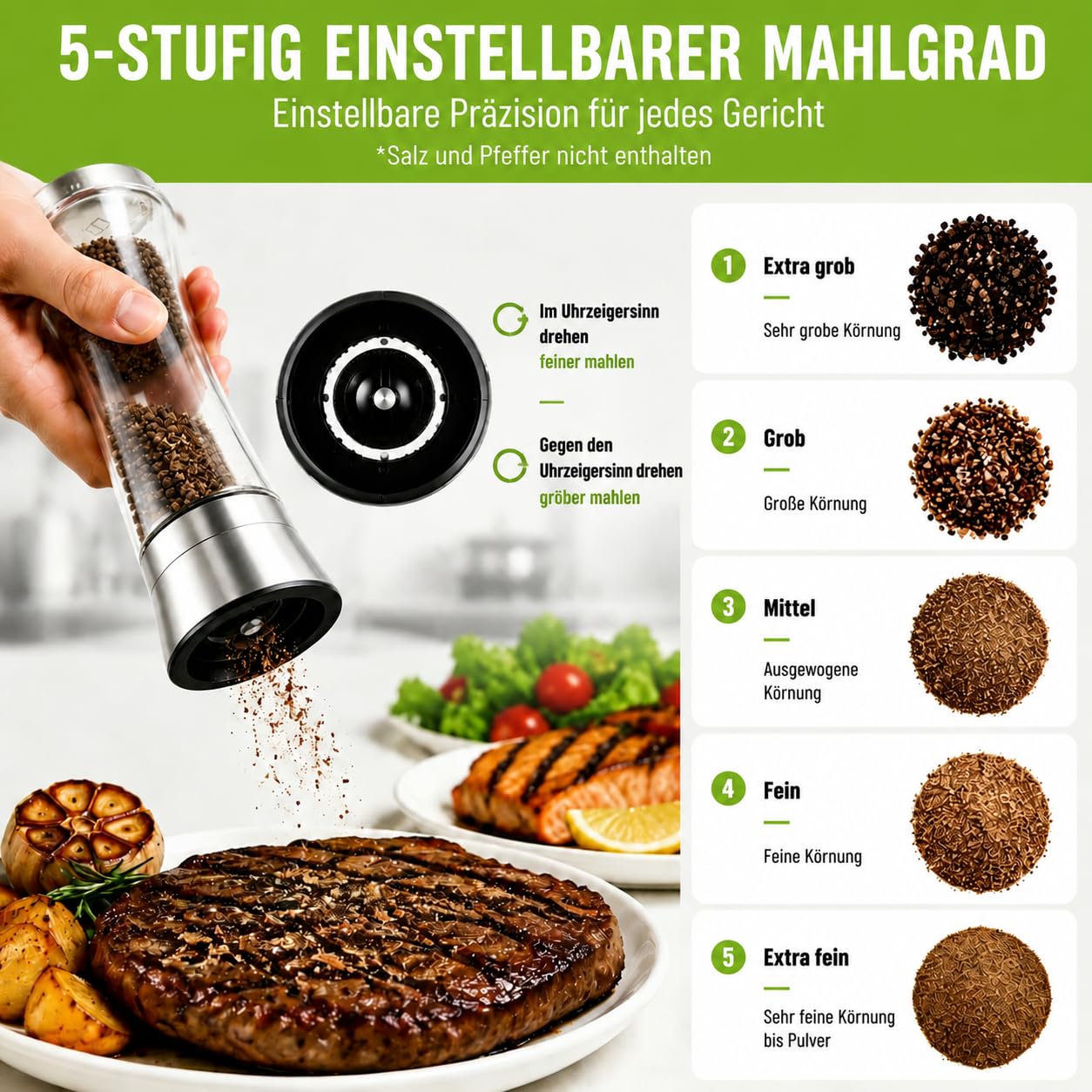 Elf-Family Salz und Pfeffermühle 2er Set, Pfeffermühle und Salzmühle mit Keramikmahlwerk, Stufenlos Einstellbar, Großes Fassungsvermögen, Manuelle Gewürzmühle für Salz, Pfeffer und Gewürze, 19,2 cm