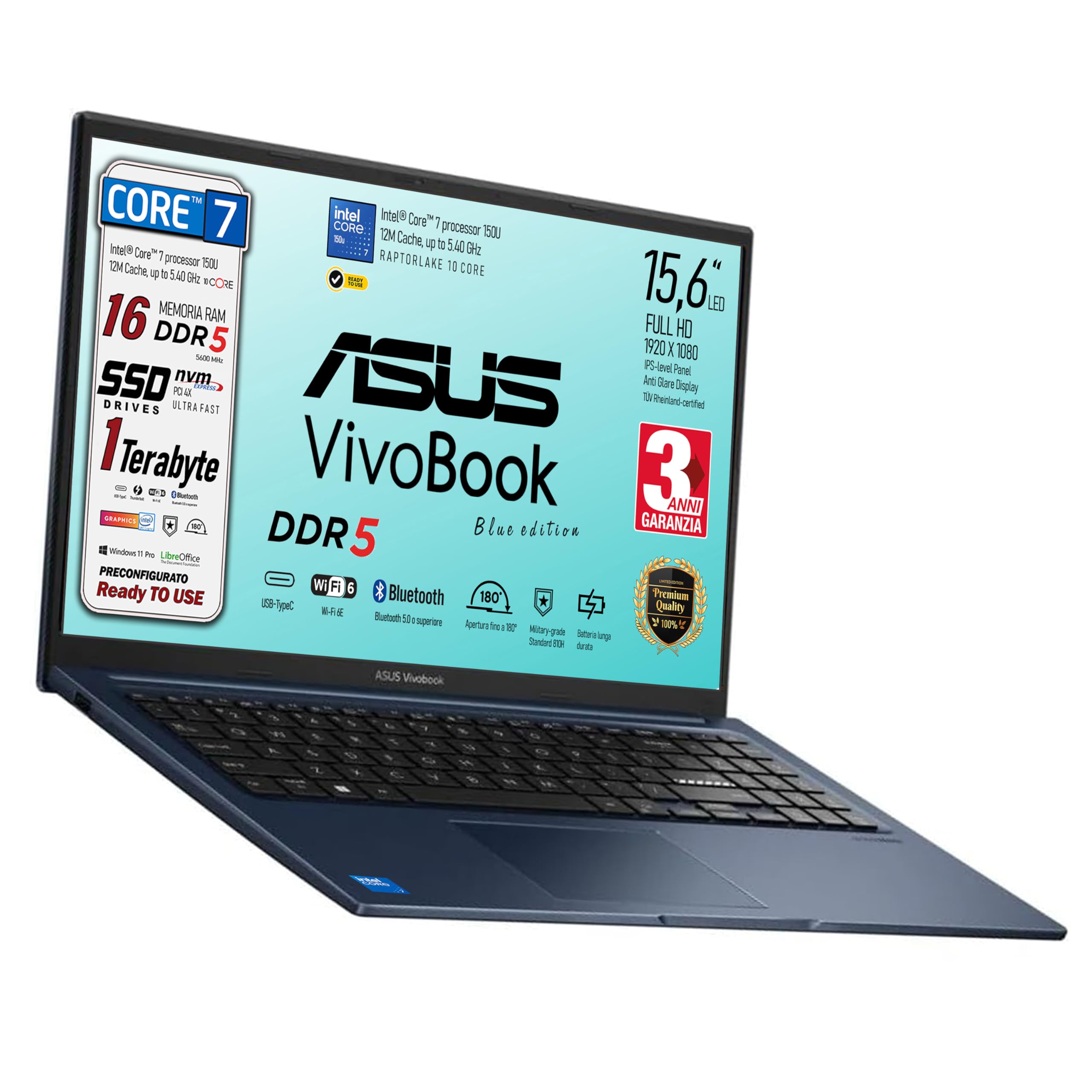 ASUS Notebok Vivobook, Intel Core 7 150u 10Core, DDR5 Ram 16Gb, SSD Pci Nvme da 1 Tb, WI-FI 6, Webcam, Usb3.2, Hdmi, Bt5.3, tastiera qwerty, Garanzia 3 anni, Blue Edition, Preconfigurato