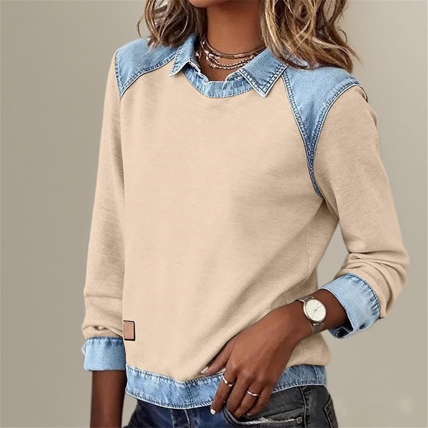 Denim Shirt for Women Collar Jean Long Sleeve Pullover Shirts Knit Cute Tops Vintage Waffle Casual Plus Size Sweater - Image 3
