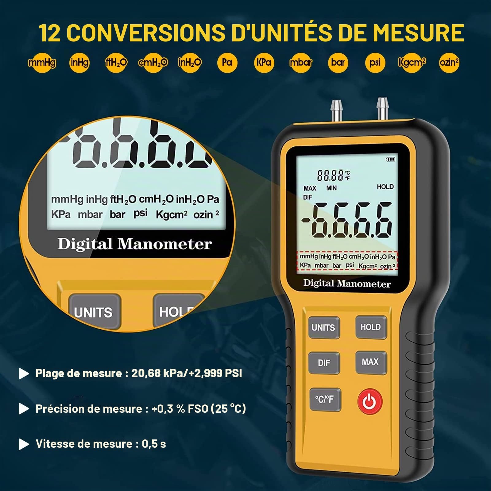 Manomètre numérique professionnel, manomètre HVAC manuel 12 unités sélectionnables, testeur de gaz à double port avec rétroéclairage (batterie incluse)