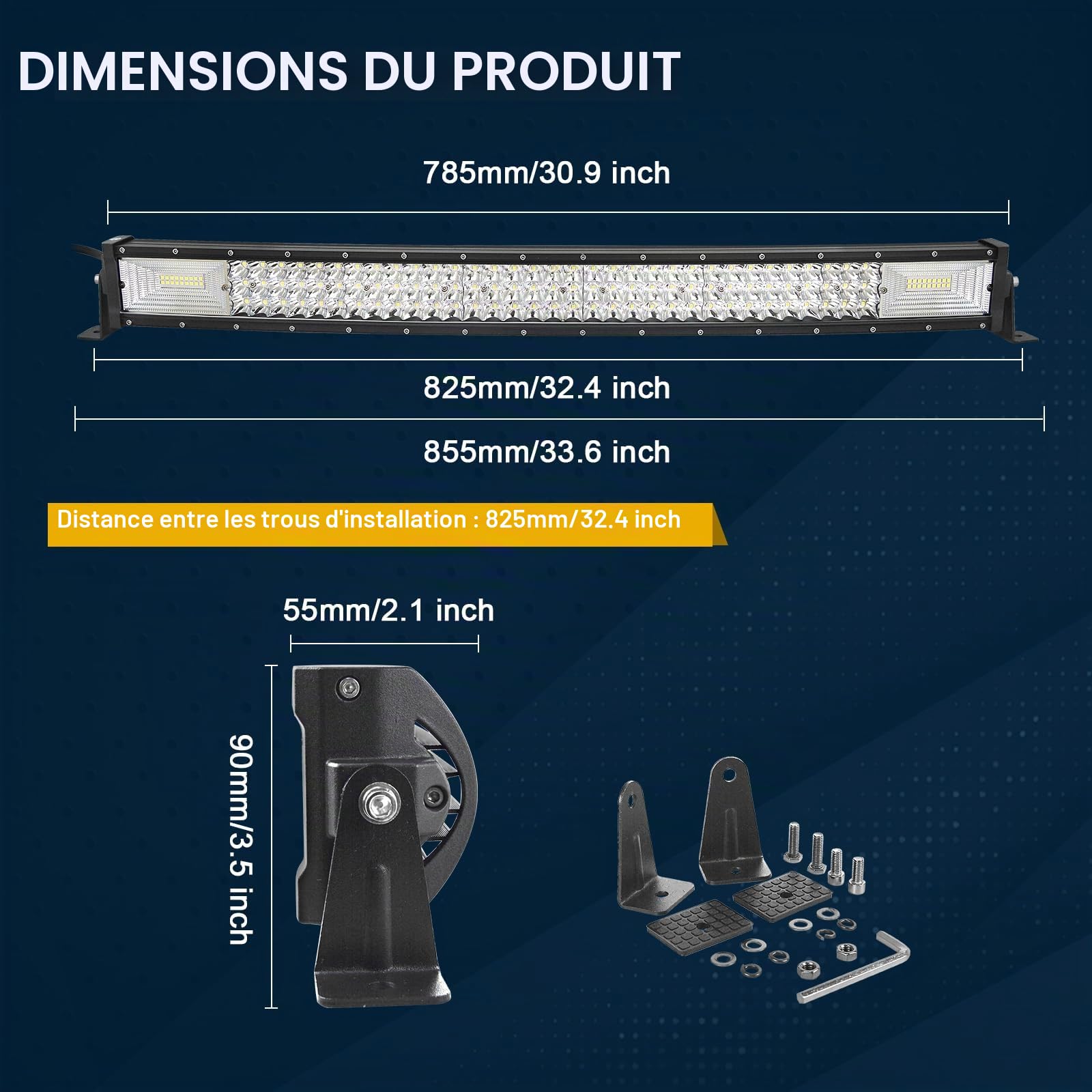 Willpower Barre LED incurvée 32 pouces 81 cm 405 W Barre de lumière LED avec harnais de câblage 12 V 24 V IP67 Longue portée Phare LED Travail Spot LED 6000 K pour 4 tracteurs Voiture Camion Bateau