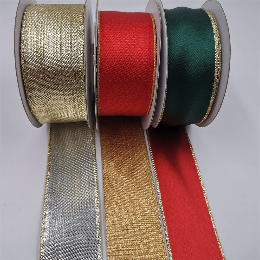 KLTRIBBON Christmas Wired Ribbon Red Gold Lame for Xmas Wreath Bows Floral Craft Ornaments,1 1/2 Inch X 10 Yards - Image 4
