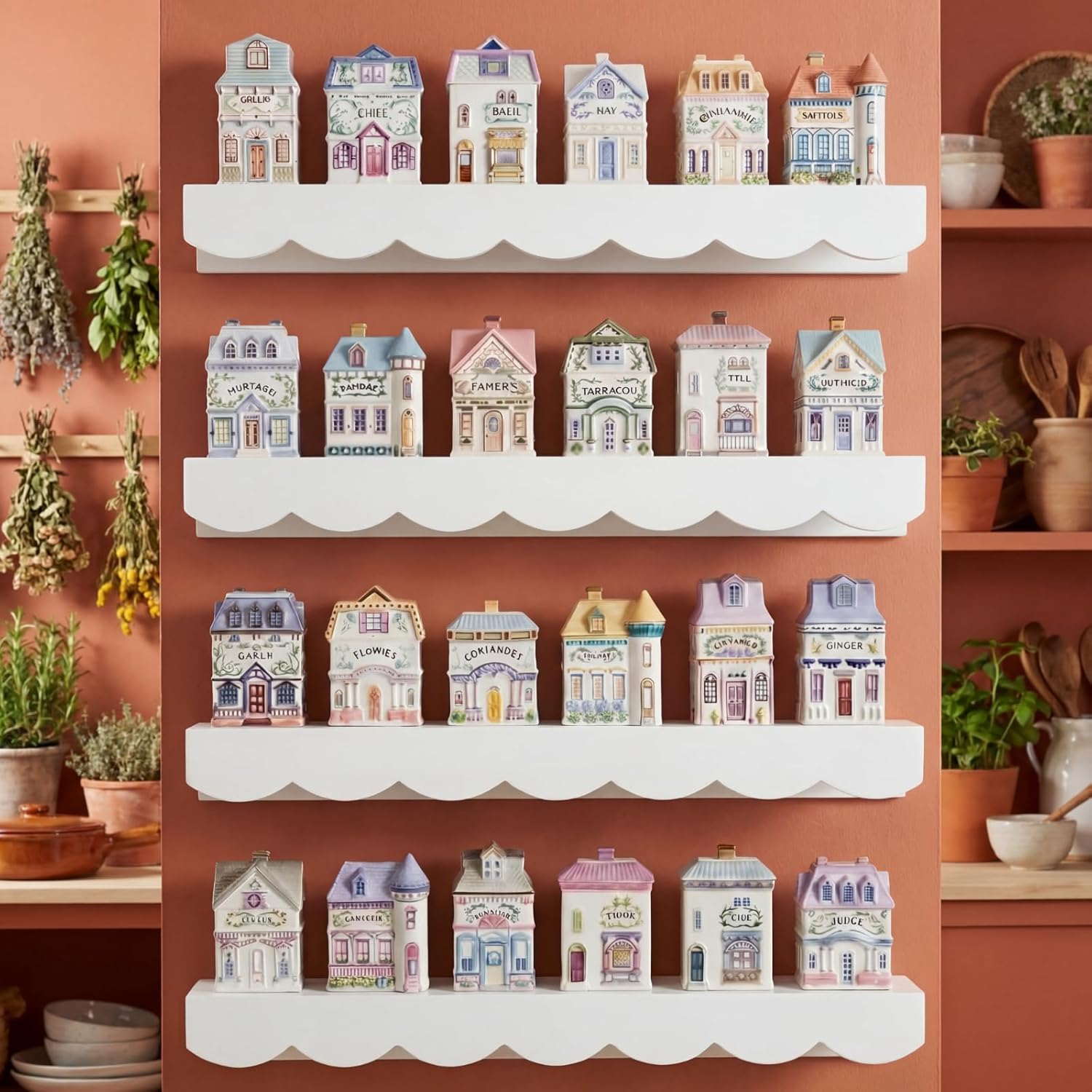 Chunful 4 Tiers Spice Rack Wall Mounted 15.75 x 4.72 x 1.97 Inches Floating Scalloped Display Shelves Wooden Display Stand for Spice Jars Holds 24 Vintage Jars Kitchen Wall
