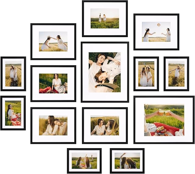 Giftgarden 14 Pack cadres d'image noir avec tapis pour différentes tailles Photos, Assortiment de cadre maté ensemble comprenant deux 11x14, Six 8x10, Six 5x7, Collage de cadre pour affichage mural ou tabletop