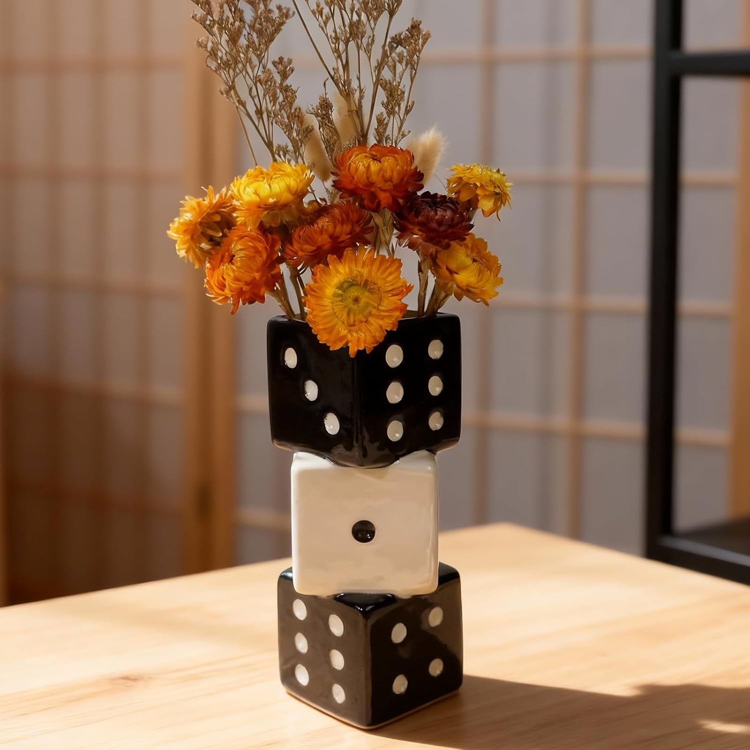 Tnstbiee Triple Dice Ceramic Vase – Elegant Black & White Decorative Vase for Home & Bar, Perfect for Flowers | Unique Centerpiece for Dining Table, Coffee Table & Entryway | Stylish Decor for Kitchen