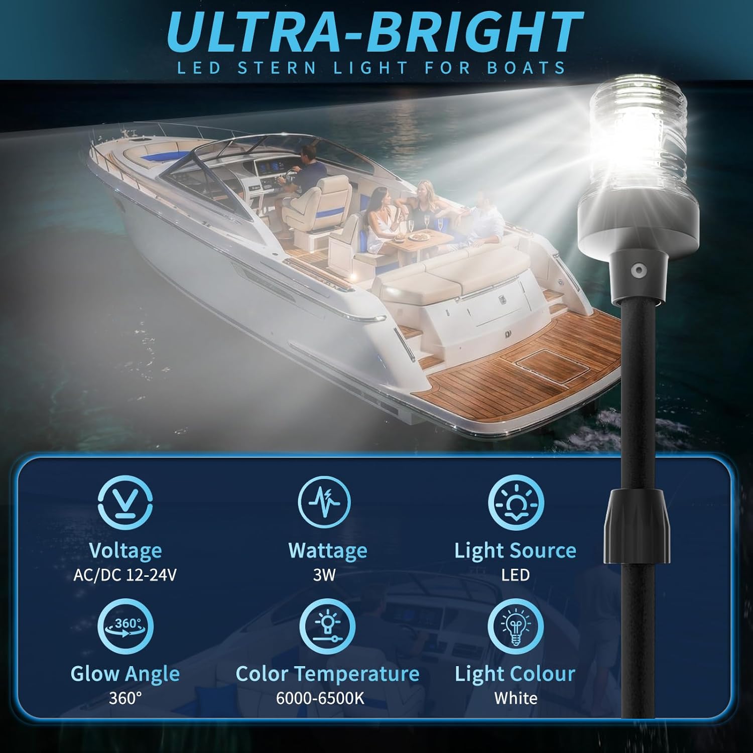 Telescoping Boat Stern Light Marine Anchor Light, 26"-48" Adjustable Rear Boat Lights Pole LED with Base, White Boats Navigation Lights for Bass, Fishing, Jon Boats, Pontoon 12-24V (Black)