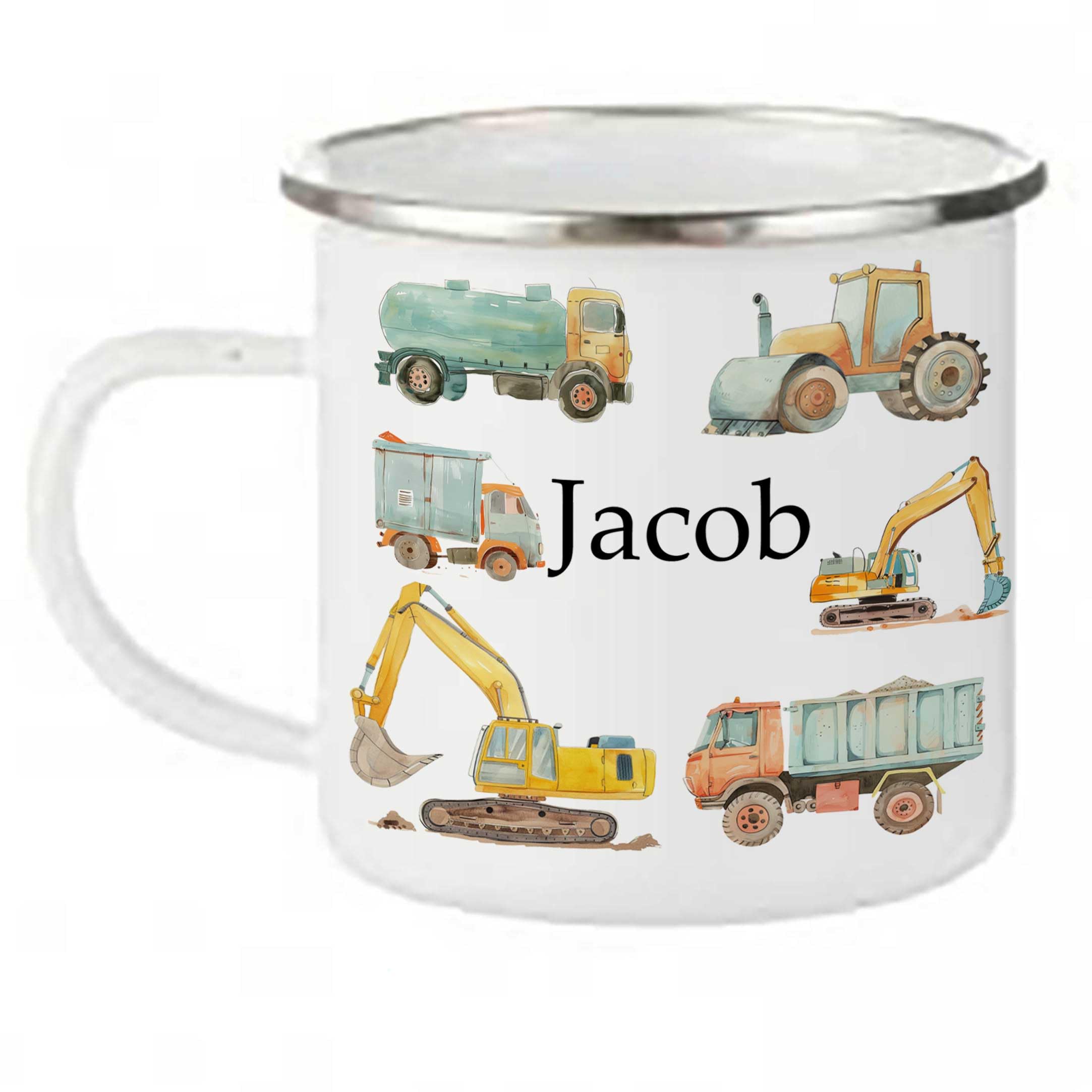 Personalised Enamel Digger Construction Camping Mug -Kids Cups-Custom Made Mug- Boy Girl Personalised, Tin 11 oz.