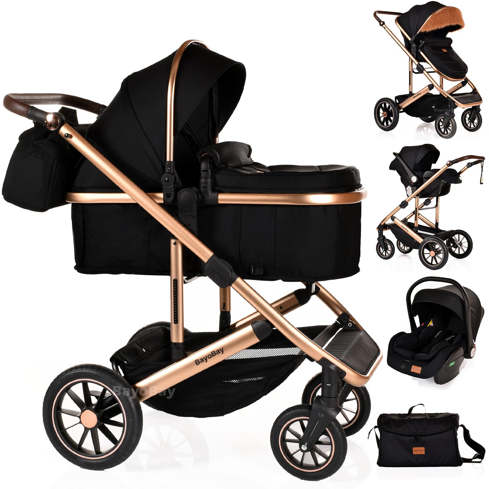 Baby Pram & Pushchair Travel System 3 in1 with Car Seat - Lightweight Folding Buggy Stroller for Newborns 0-36 Months (Black Gold - Lite Frame & Swap Canopy (Fur & Plain))