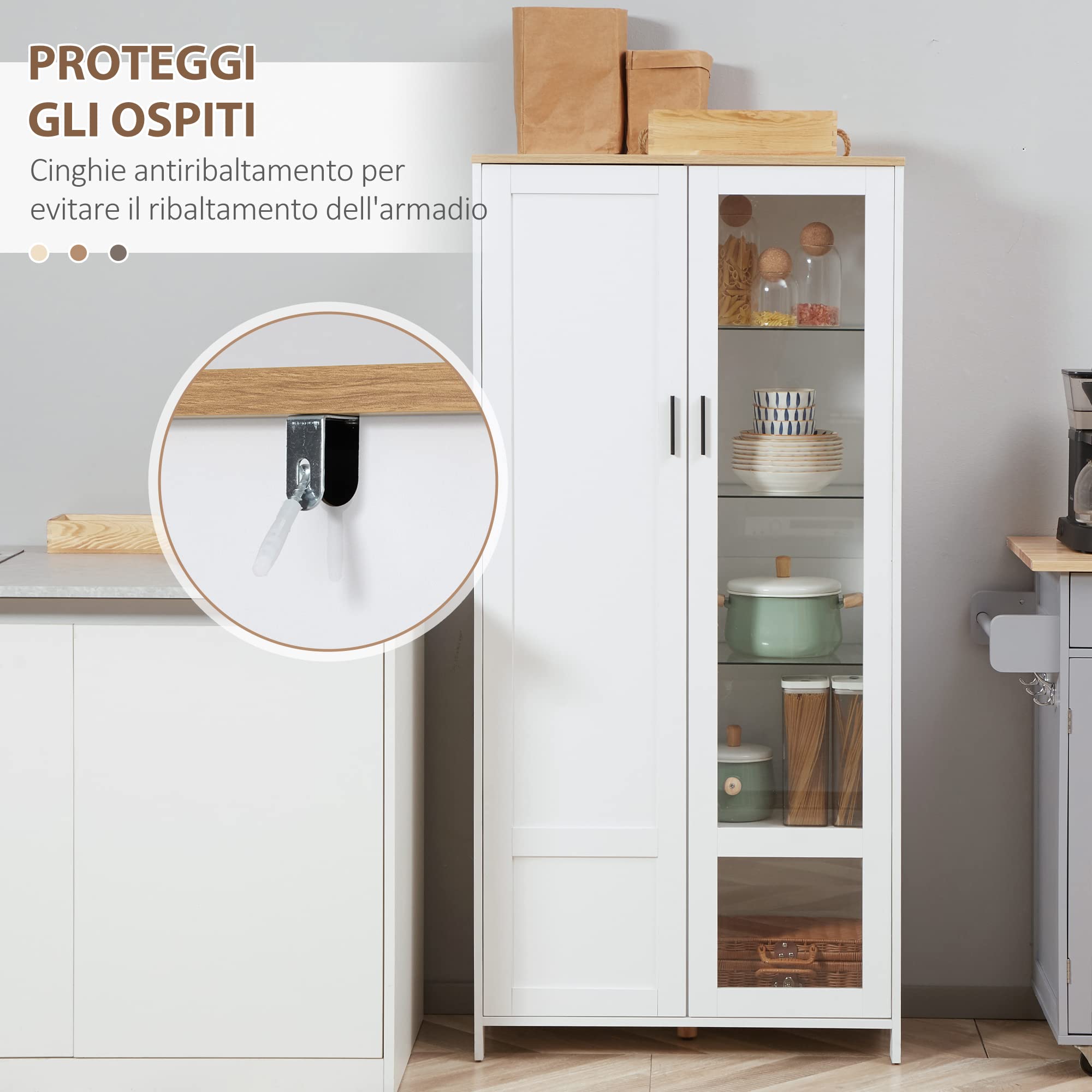 HOMCOM Credenza Cucina a 9 Ripiani Regolabili con Ante in Vetro e Base Rialzata, Mobile Cucina in Legno, 76x36x160 cm, Bianco