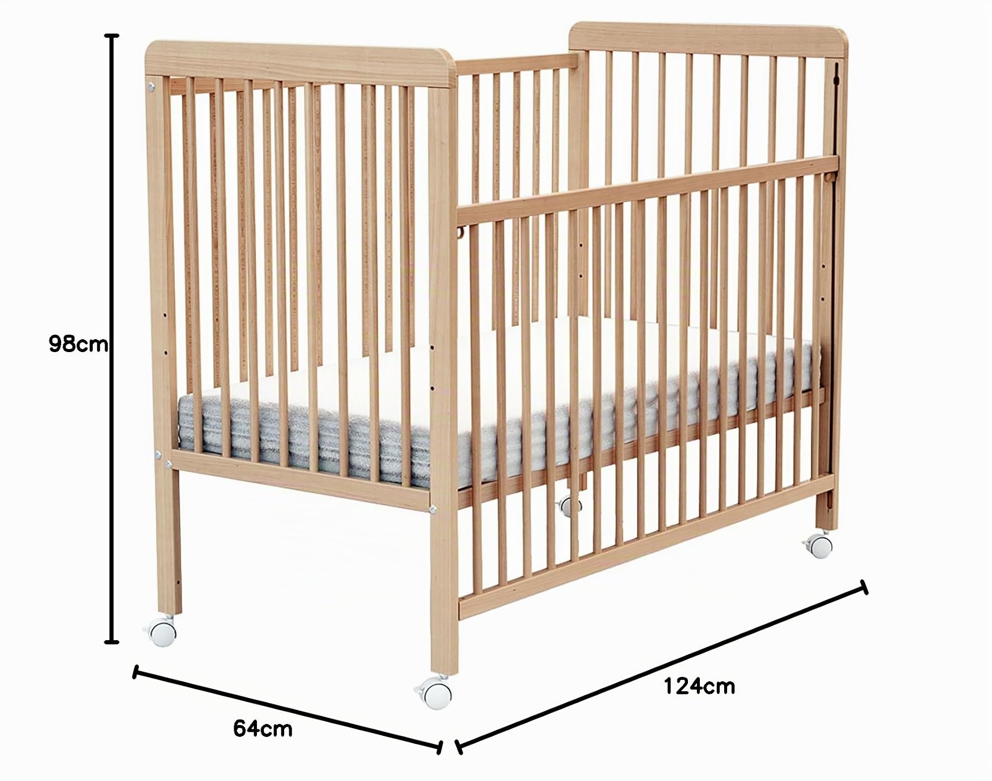 Webaby - Cuna bebé Madera con Barrera Deslizante para bebés 60x120 LIVO Haya barnificada | Base de Caja Ajustable en 3 Alturas | 4 Ruedas multidireccionales con Freno