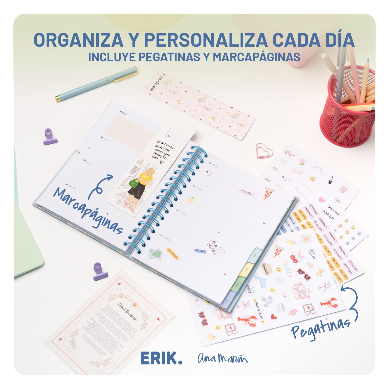 Grupo Erik Agenda escolar 2026 2027 Semana Vista Ana Marin en Español - Agenda Semana Vista A5 para niñas de Universidad e Instituto con Pestañas [Curso 26/27] Con Tapa dura, Pegatinas e Ilustraciones