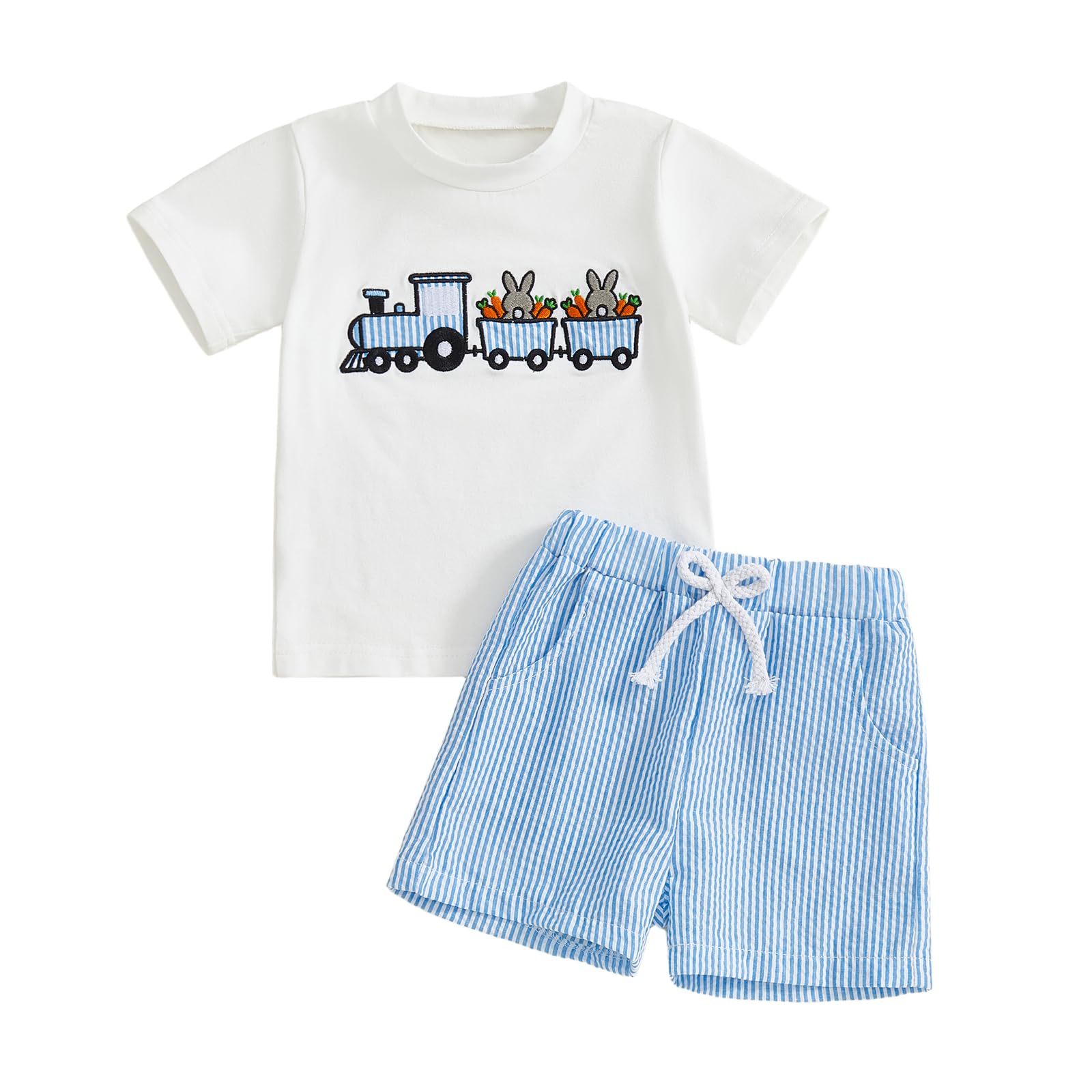 Toddler Baby Boy Easter Rabbit Outfit Short Sleeve Bunny Carrot Smocked T-shirt Elastic Waist Shorts Summer Clothes