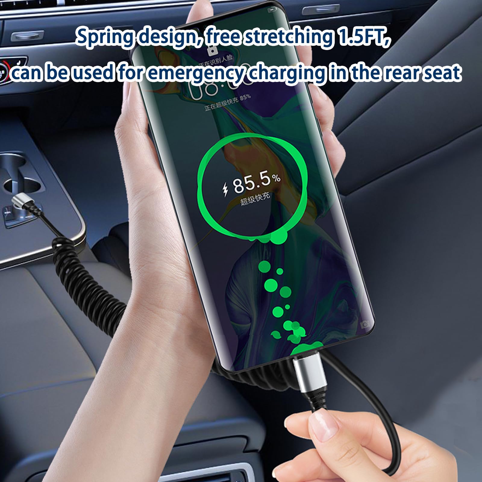 Cavo a spirale da USB C a USB C da 60 W, cavo USB-C a 90 gradi per auto, spirale a molla retrattile, cavo di ricarica di tipo C con sincronizzazione dati, compatibile con i-Phone 16 15 Plus/Pro/Pro