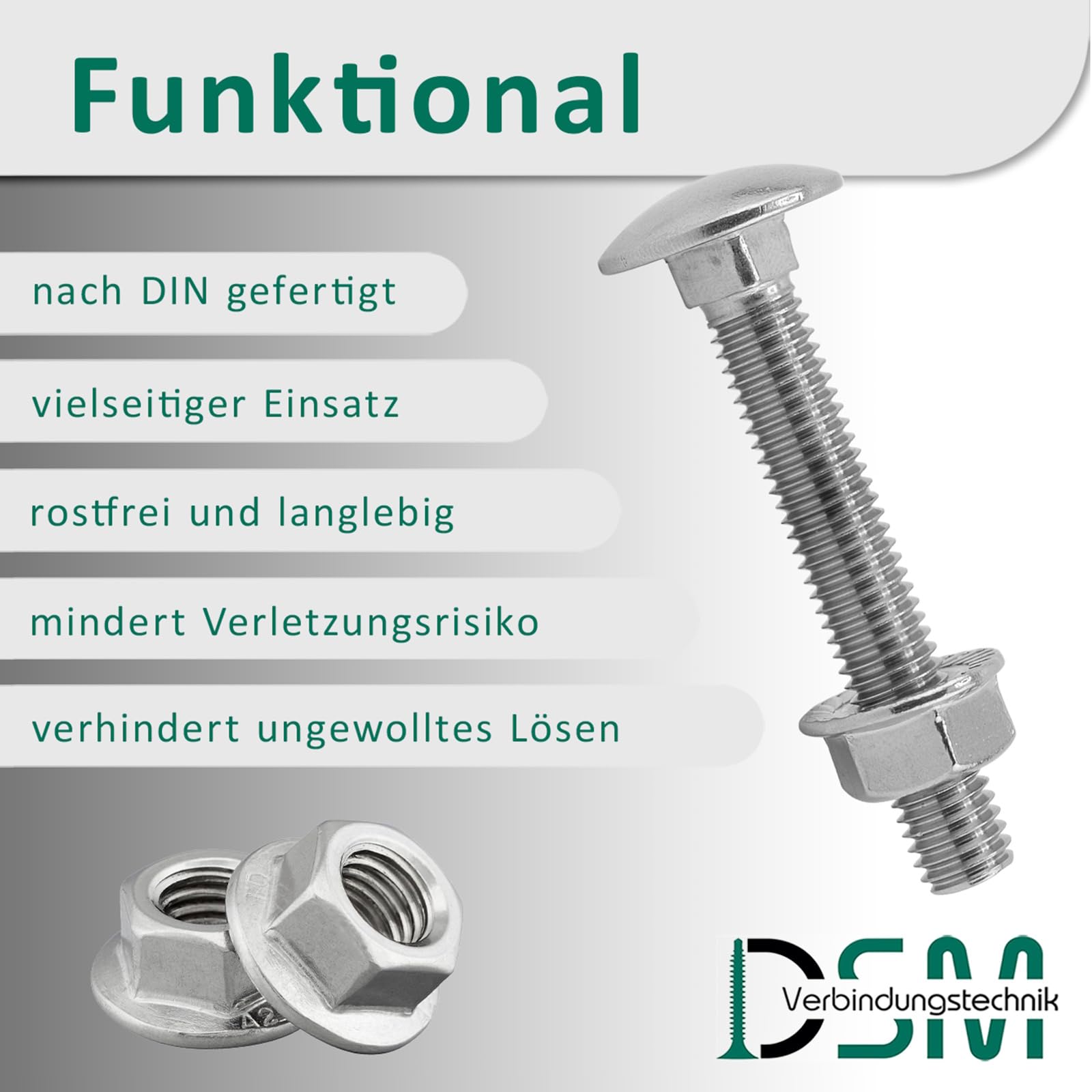 DSM – Viti a testa tonda M6 x 70 mm a norma DIN 603 – Dado flangiato M6 con dentatura di bloccaggio DIN 6923 – Acciaio inox A2/V2A – Viti a testa tonda piatta con attacco quadrato – Dado esagonale con