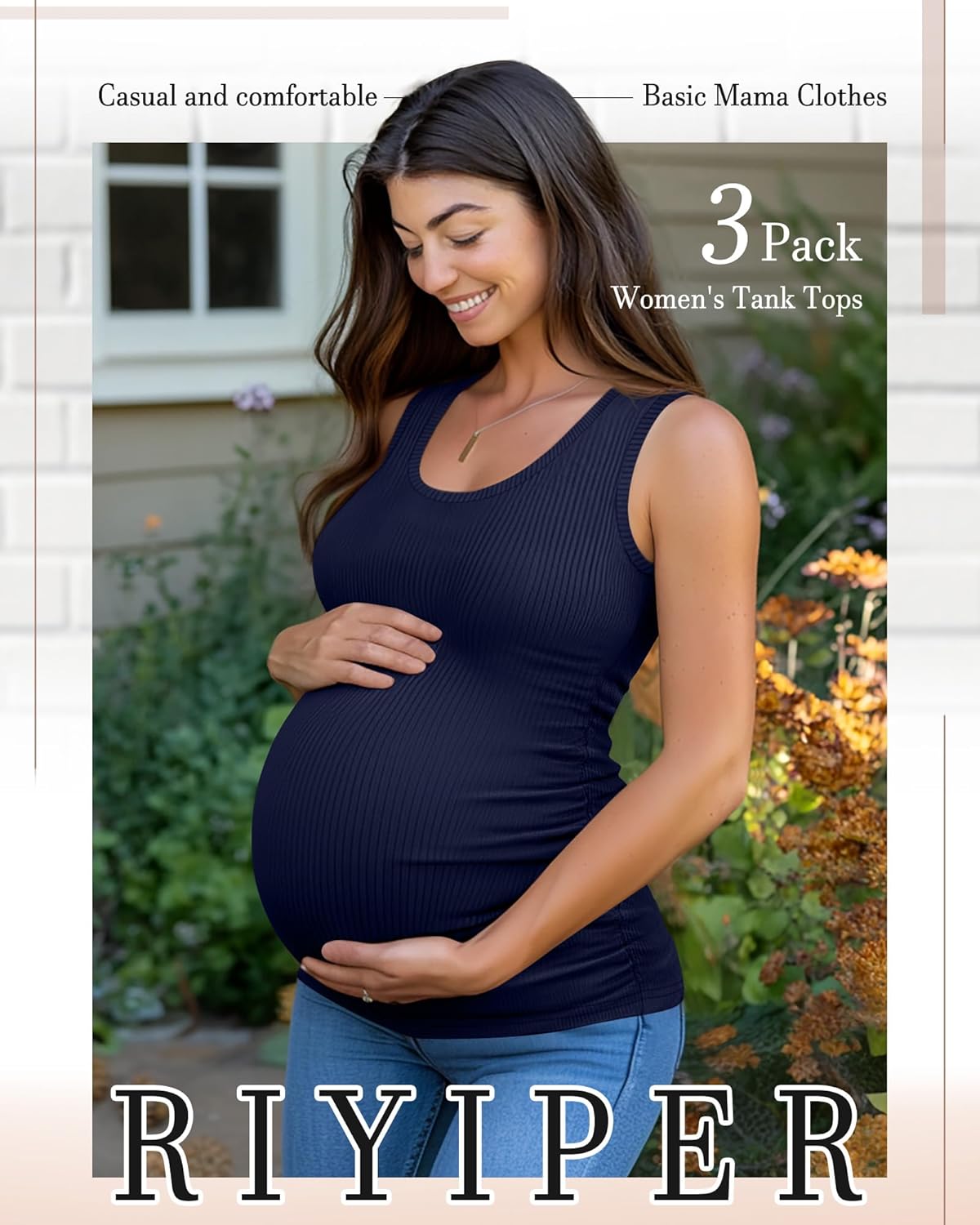Riyiper 3 Pack Women's Maternity Tank Tops, Sleeveless Cotton Pregnancy Shirts Ribbed Knit Sides Ruched Basic Mama Clothes - Image 5