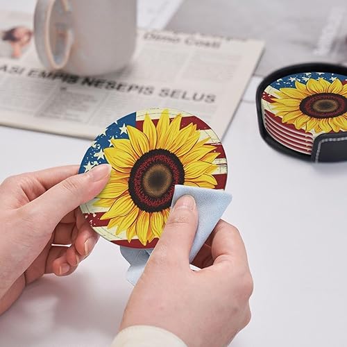 Miniatura 7 de 6 posavasos de cuero de madera con diseño de girasol en la bandera estadounidense para bebidas con soporte, juegos de posavasos para mesa de