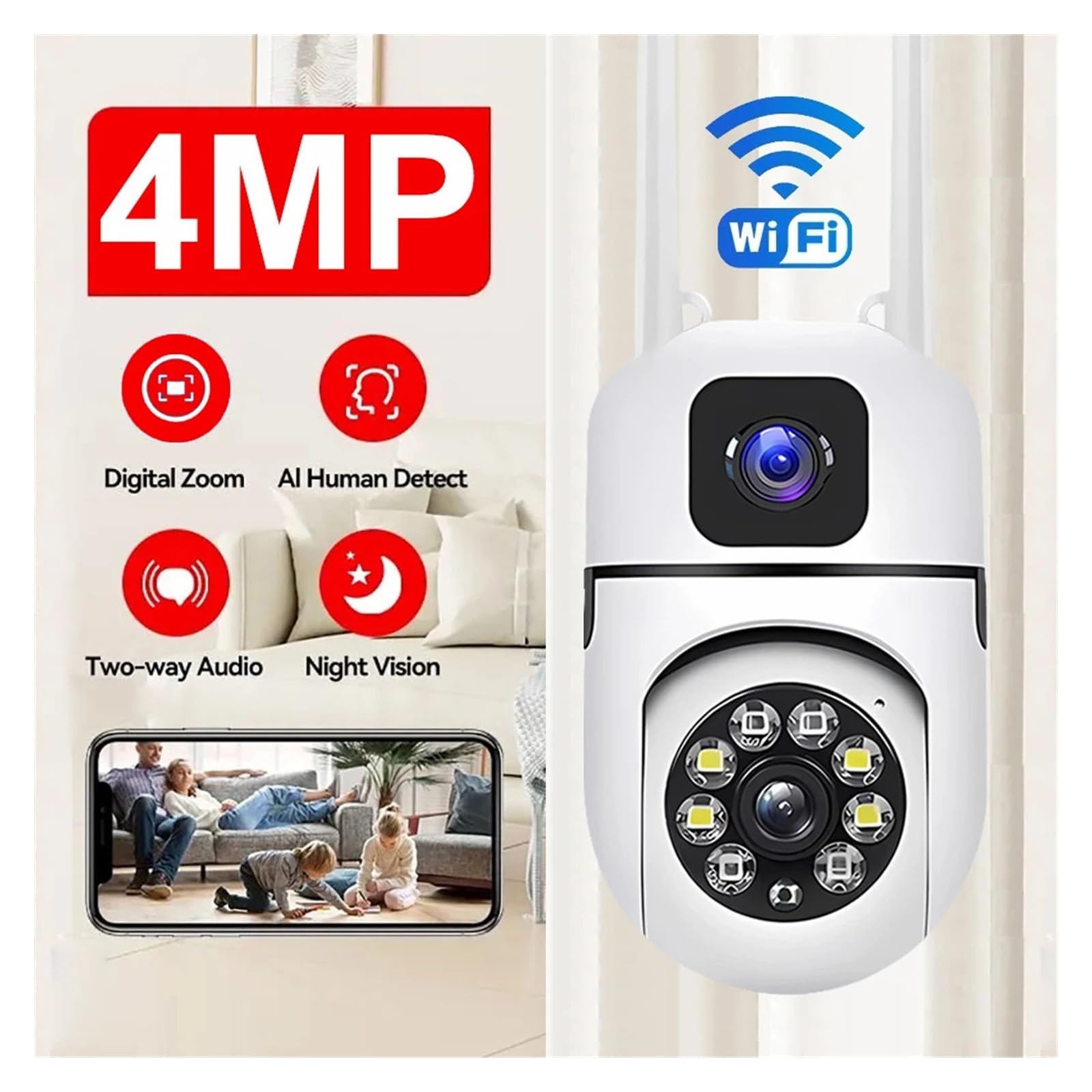 Obiekt Monitorowany, Podwójny obiektyw, podwójny ekran, kamera IP WiFi, ochrona bezpieczeństwa, bezprzewodowy monitor wewnętrzny, automatyczne śledzenie, monitoring wideo CCTV PTZ(Camara 128GB Card)