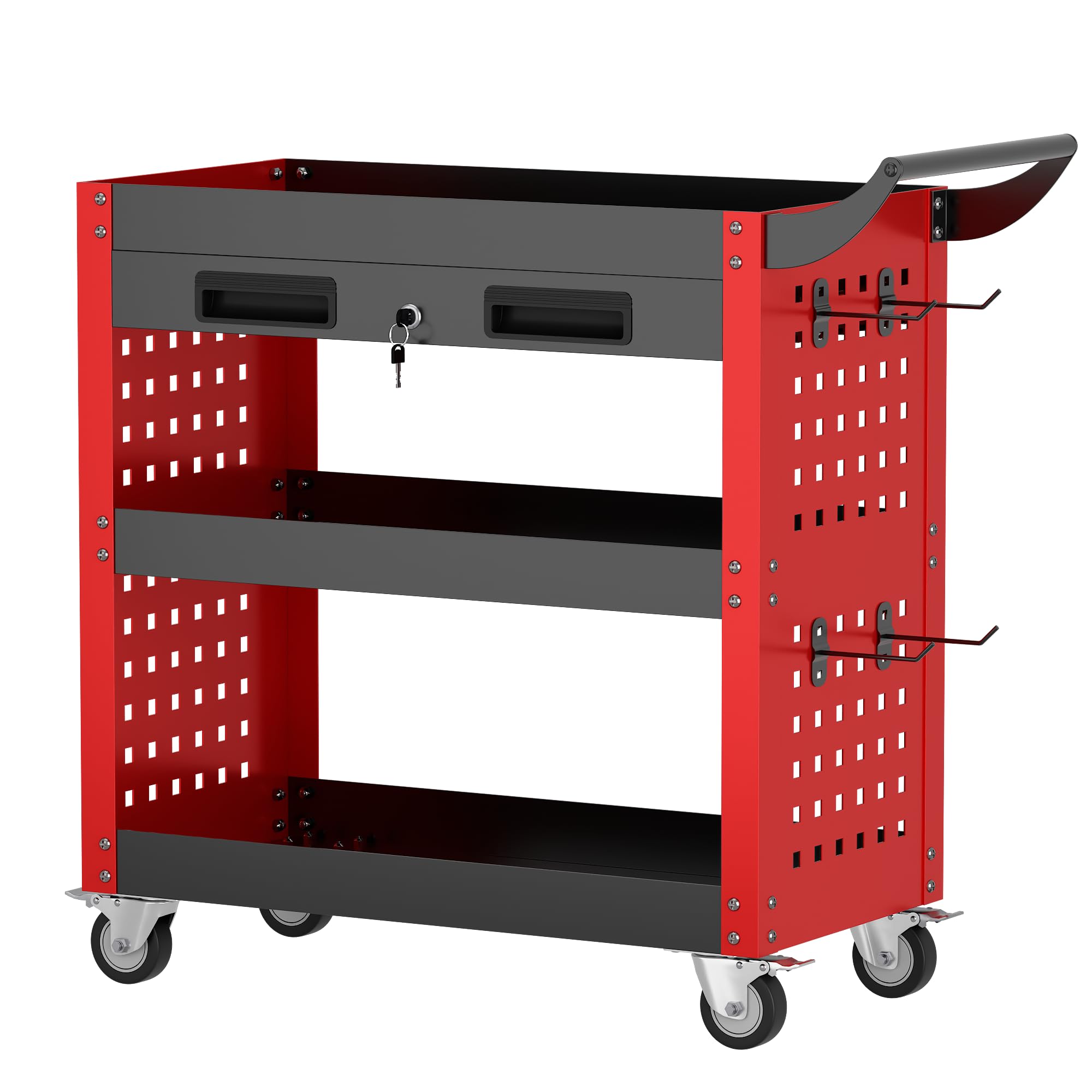 SUPEER Carro de taller con ruedas para taller, 78 x 35 x 70 cm, con cajón con cerradura y tabla de pegboard, 4 ganchos, taller, capacidad de carga de 150 kg (rojo)