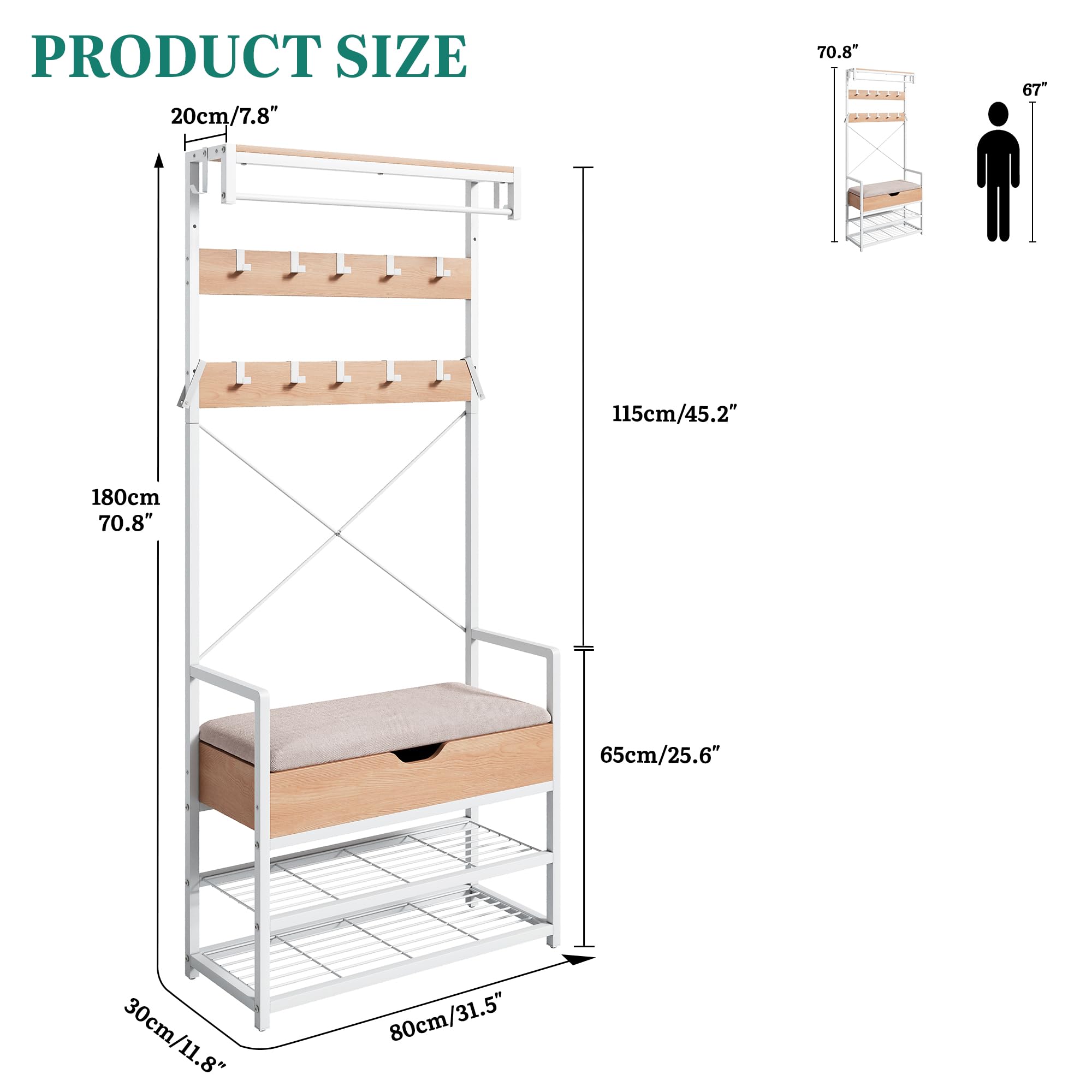 YITAHOME Garderobenständer mit Sitzbank, Garderobe mit Schuhregal, Modulares Kleiderständer Separat Verwendbar, Fach unter Sitzkissen, 10 Haken, Obere Ablage, für Flur, Schlafzimmer, Weiß