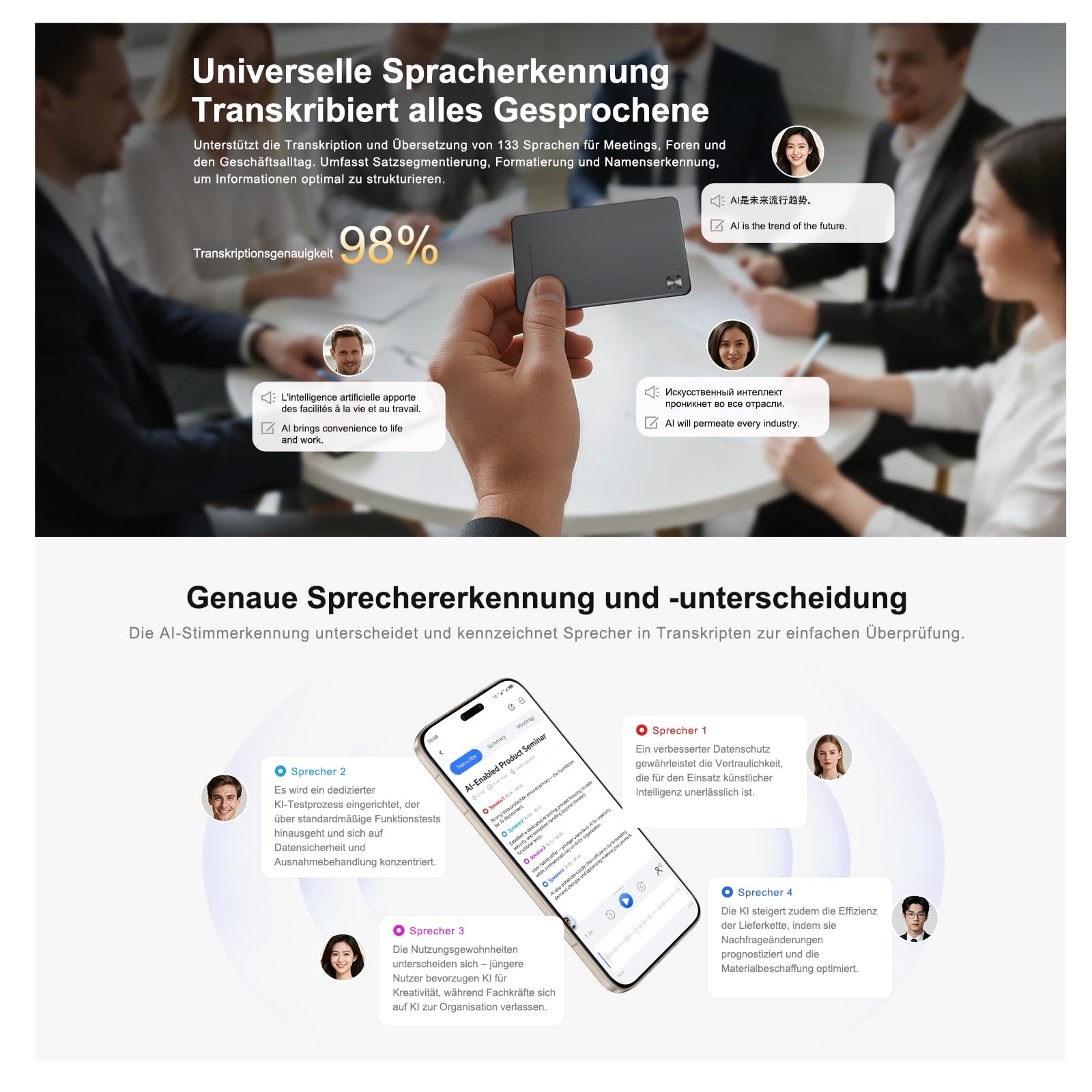 HONOR Choice AI Note Sprachrekorder, 600 Min/Monat Kostenlose Transkription, Digitales Diktiergerät mit KI-Zusammenfassungen & Mind-Maps, 130+ Sprachen, Schlanke Magnetkarte, für Meetings & Anrufe