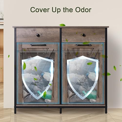 Miniatura 6 de Gabinete de basura con doble inclinación hacia fuera de 20 galones, armario de reciclaje de madera para cocina, soporte oculto con cajones y mesa,