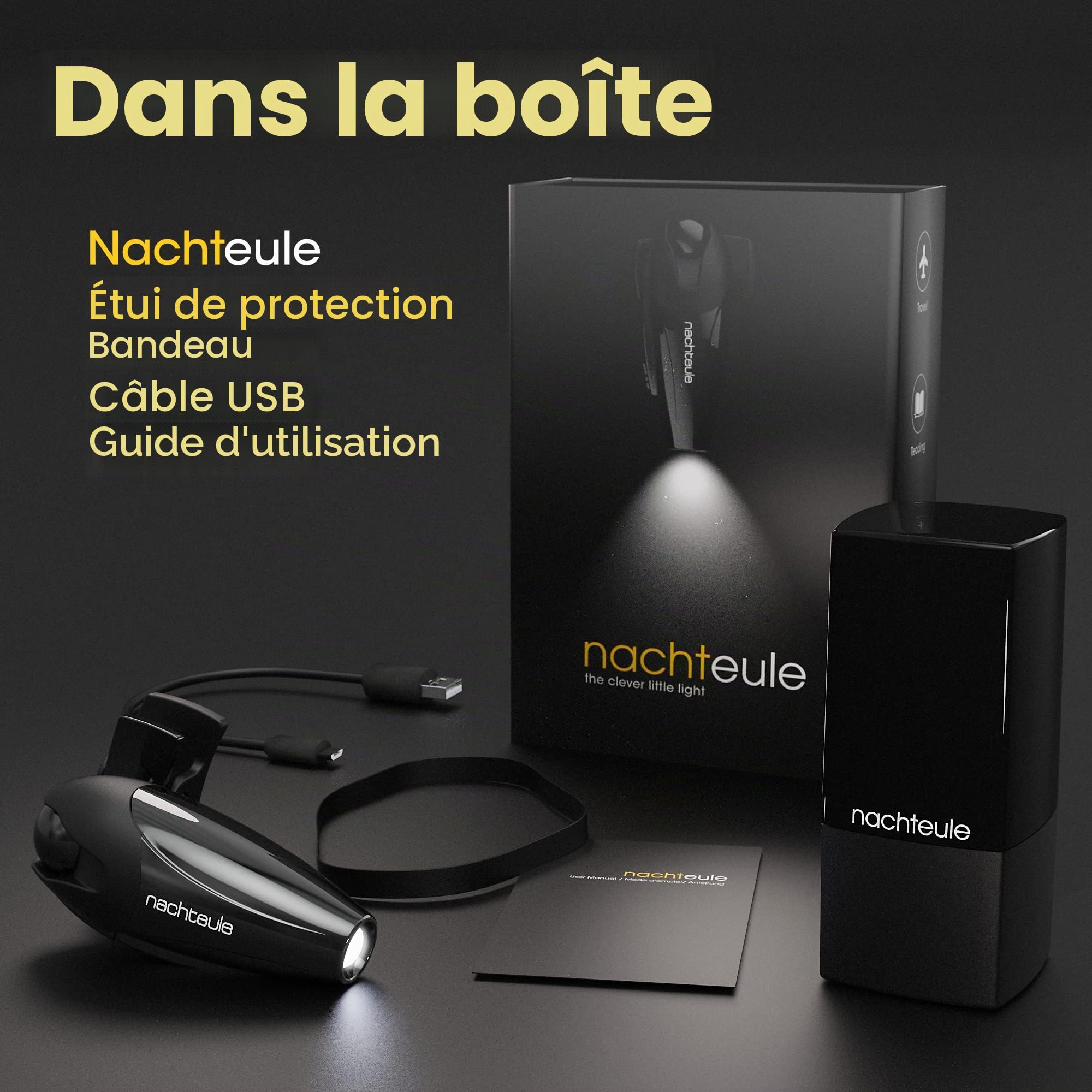 La liseuse "NACHTEULE" - facilement attachable aux lunettes ou les bandeu includé. Nouveau modèle rechargeable. Lampe de lecture. Lire au lit. Lampe á bricoler.