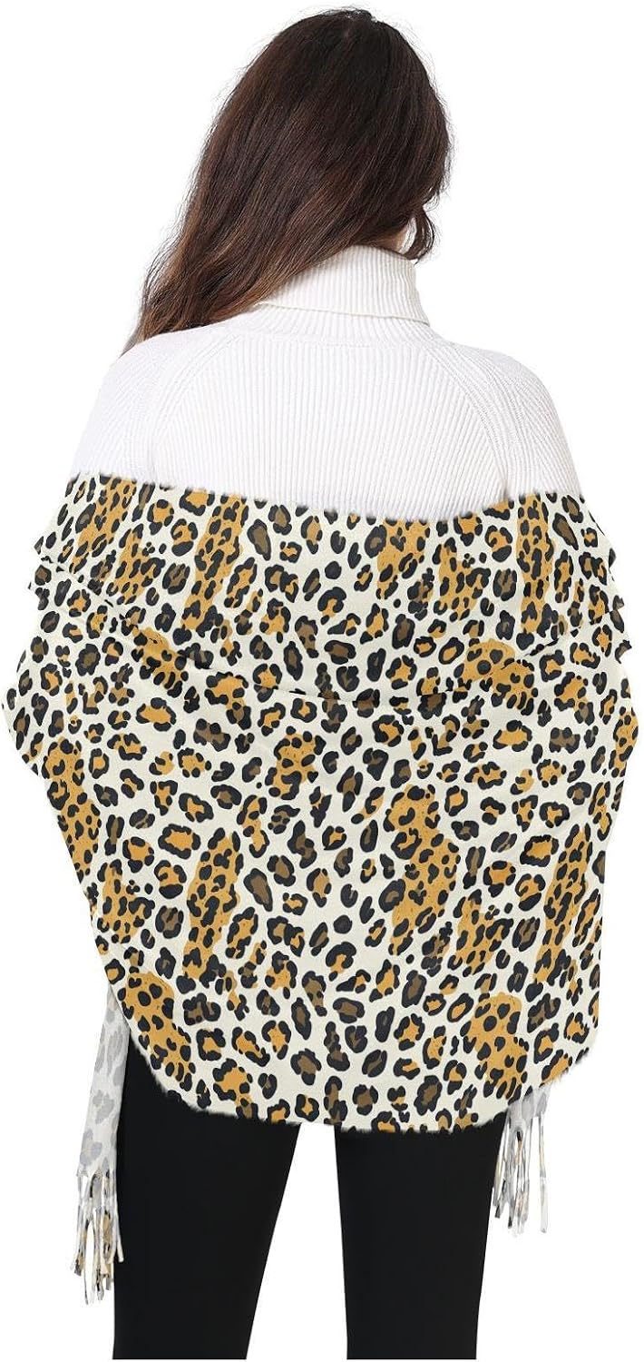 Winter Scarf for Women Leopard Pattern Yellow Brown Fashion Tassel Shawl Wraps for Women, Cold Weather Warm Womens Scarves Soft Long Scarf