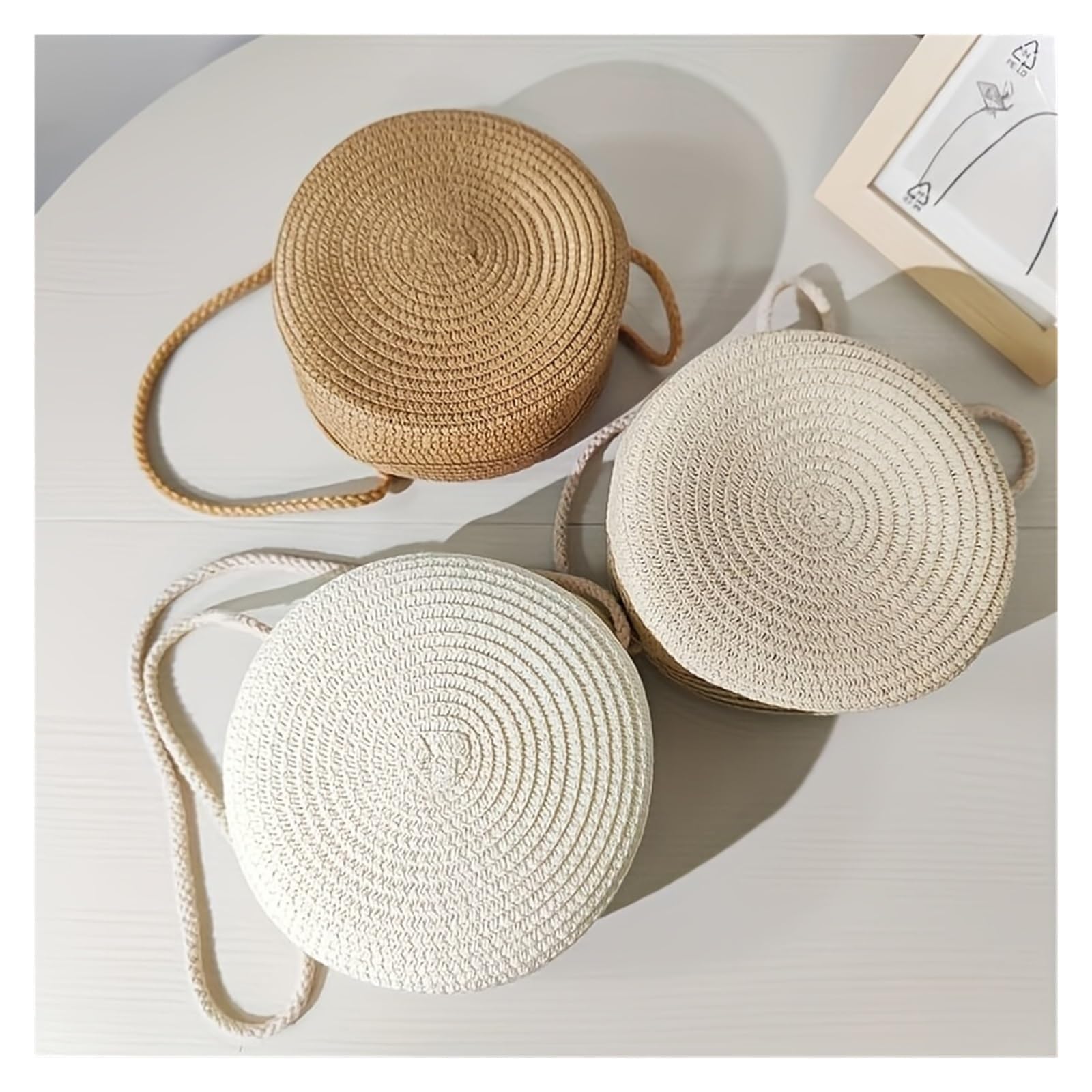 Borsa rotonda intrecciata in paglia 3 colori disponibili Tessuto rotondo da donna tessuto a mano