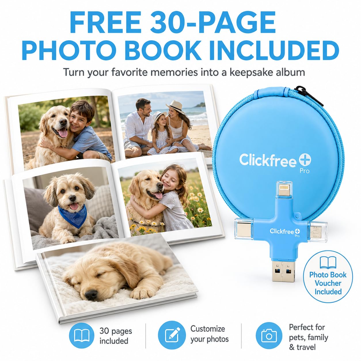Clickfree Pro - Dispositivo de copia de seguridad de fotos y video 4 en 1 de 128 GB para iPhone, Android, iPad y Mac, incluye cupón de libro de fotos + créditos ilimitados de IA (azul cielo)