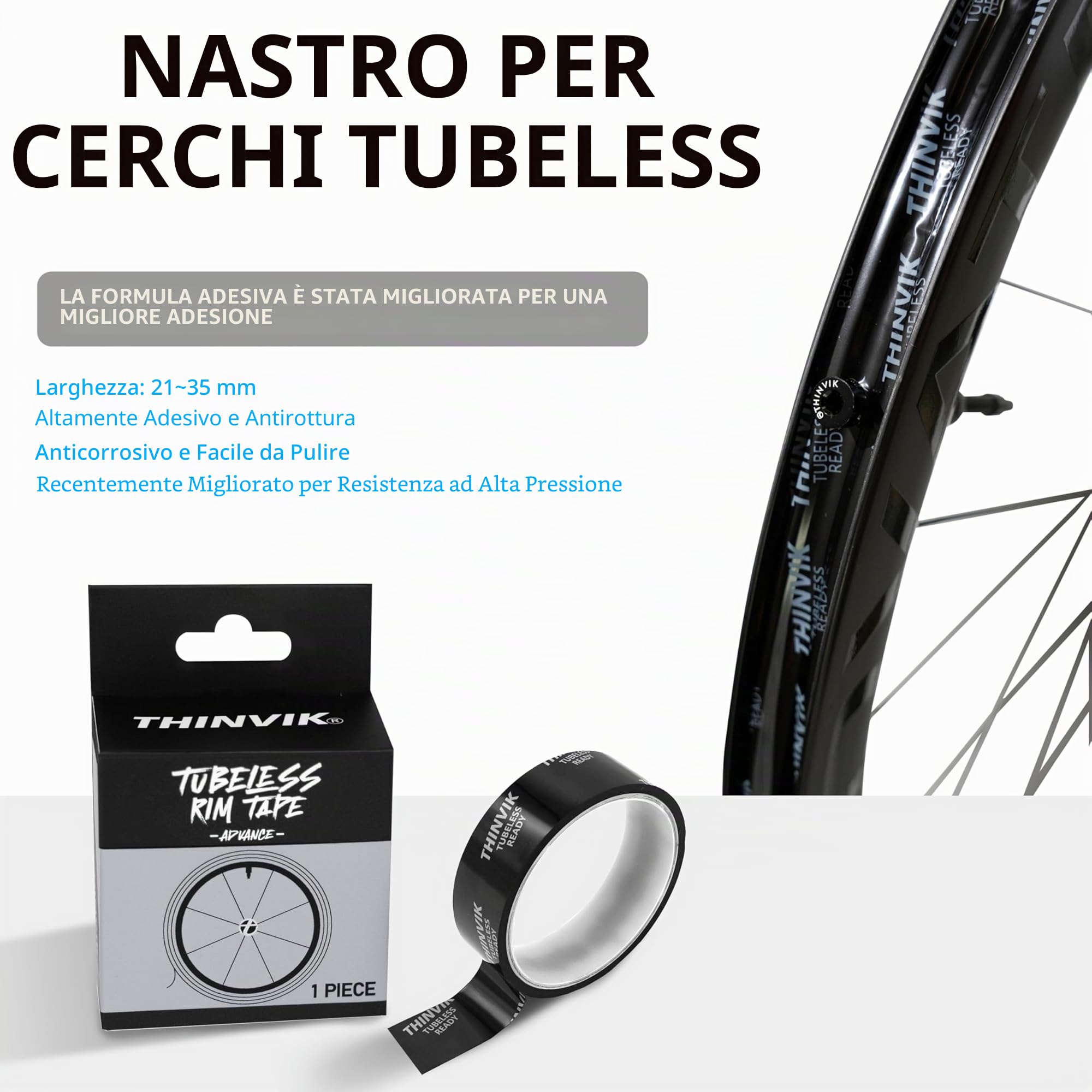 Nastro per Cerchi Tubeless 21-35 mm x 10 m per Bici MTB e Strada Cerchi in Carbonio e Lega